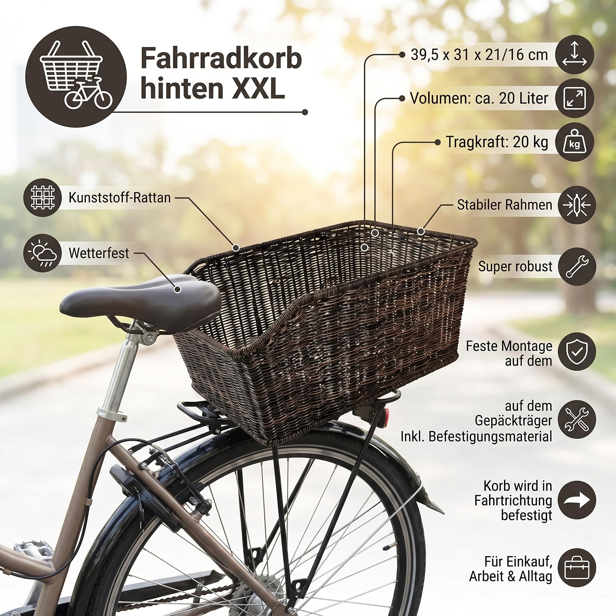 Red Loon - Cesta para bicicleta, tamaño XXL, aspecto de ratán