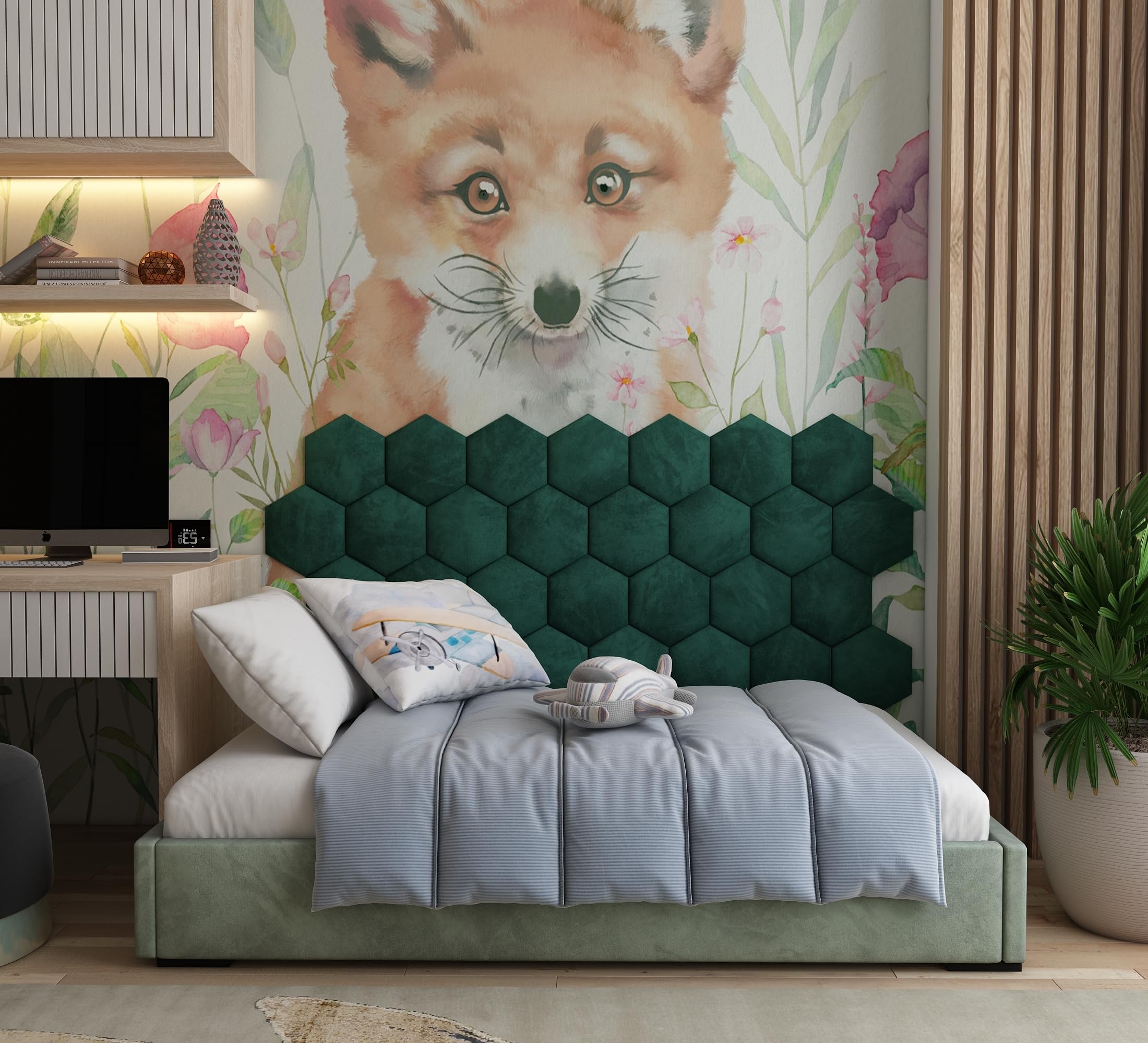 4er-Pack – Weiche Velours-Akustikwandpaneele | Dekorative Kopfteilpaneele für Kinderzimmer und Spielzimmer | Gemütliche Wandpolsterung und Schutzleiste | Farbe: [4x Hexagon (25x25cm) | Grün]