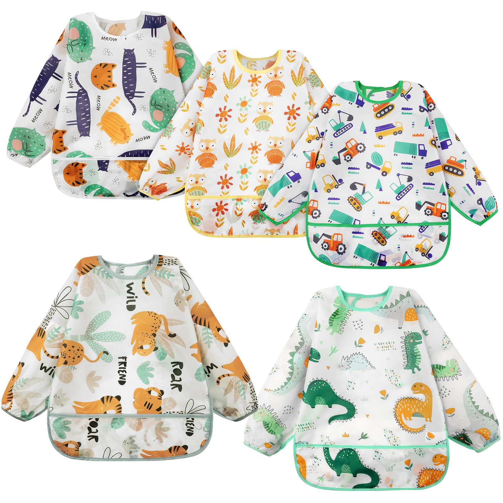 Vicloon Lätzchen Baby mit Ärmel, 5 Pack, Abwaschbar Ärmellätzchen Ganzkörper Lätzchen Baby, Unisex Lätzchen Set für Essen Kunst Handwerk Malerei Bemalen Spielen für 6-24 Monaten