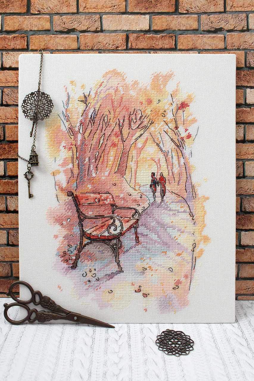 Kit de broderie point de croix Promenade d'automne pour vos moments de détente