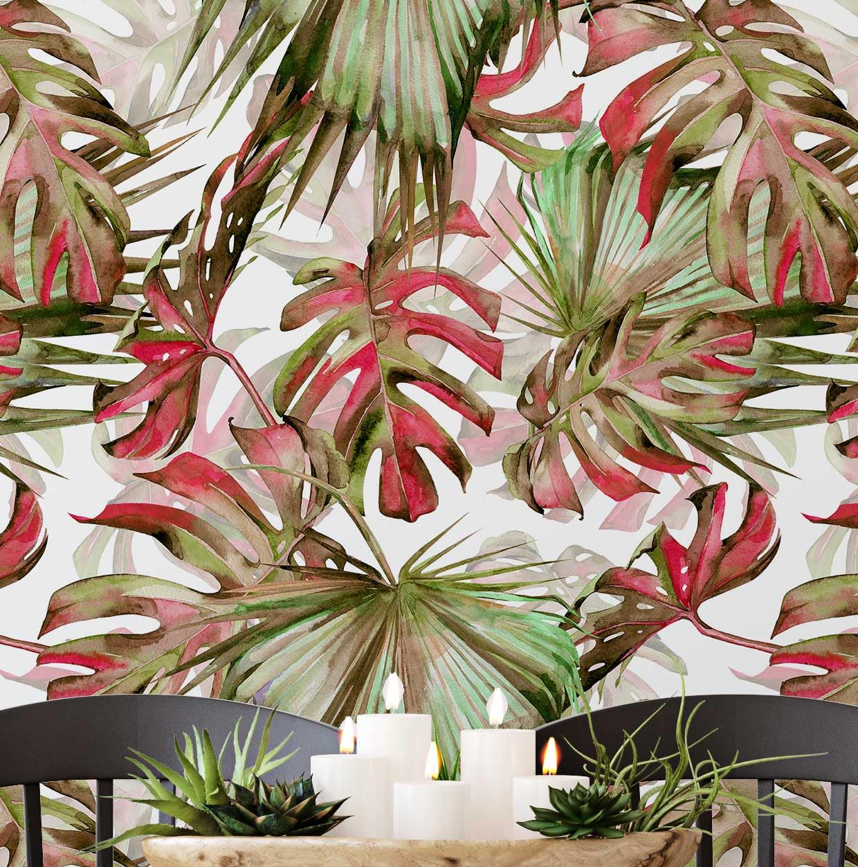 Papier peint autocollant tropical Monstera rouge S4Sassy, décoration murale chambre 63x152cm
