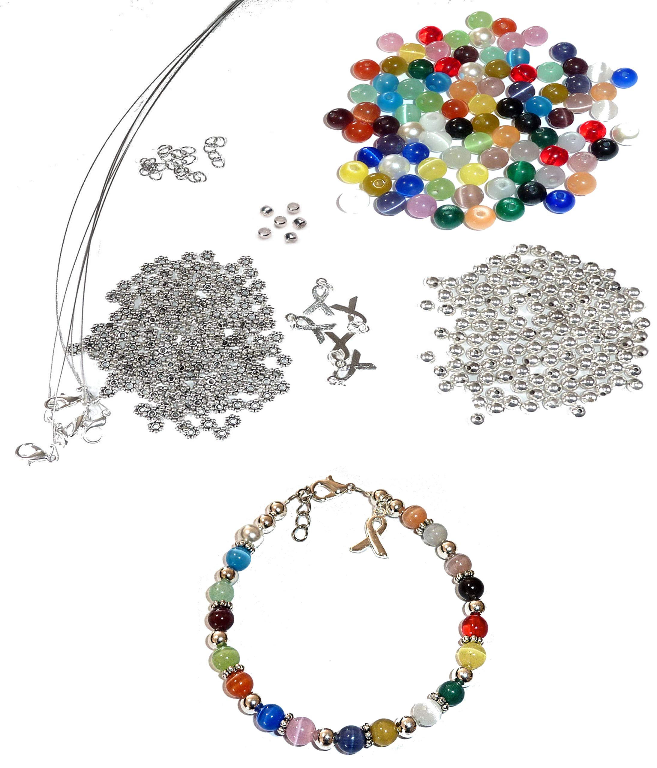 DIY Kit, Everything You Need to Make Cancer Awareness Bracelets, Uses Wire, Crimps and Clasps, Great for Fundraising (Multi Colored All Cancers 6mm Beads - Makes 5)