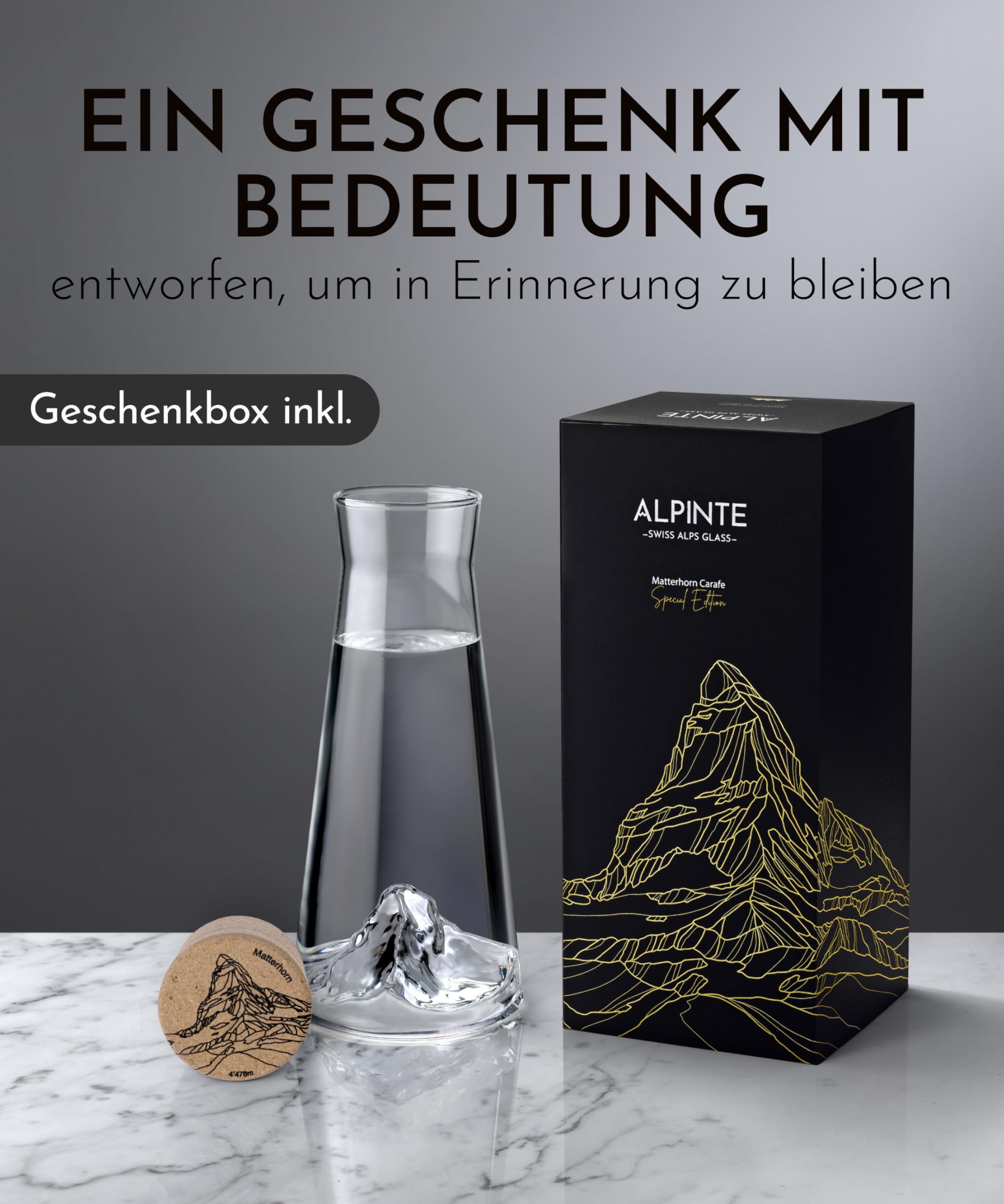 Premium Karaffe glas mit Bergen drin – Wasserkaraffe Glas 1L, Glaskaraffe mit Deckel, Borosilikatglas, mundgeblasen & handgefertigt