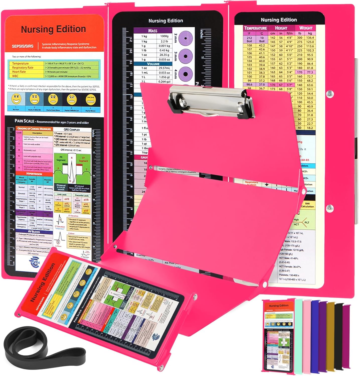 Nursing Clipboard Foldable with Medical Edition Cheat Sheets, 3 Layers Aluminum Foldable Clipboard for Nursing, Notepad for Students, Nursing School Essentials (Pink)