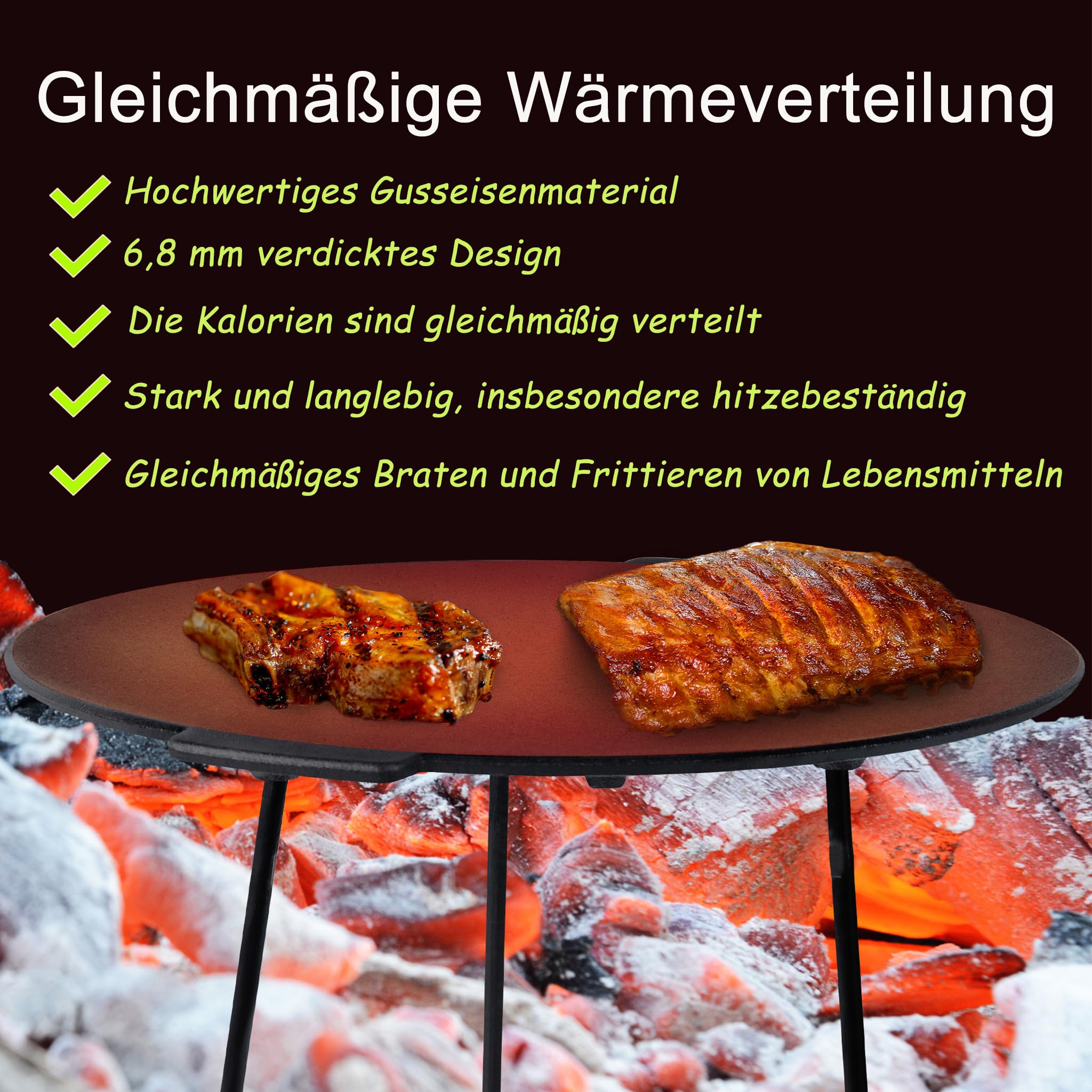 YRHome BBQ, żeliwna płyta grillowa, okrągła, Ø 45 cm, stojak na trójnogi, patelnia grillowa z uchwytami i torbą ochronną, wytrzymała patelnia outdoorowa, akcesoria do grilla, nakładka na kemping i do