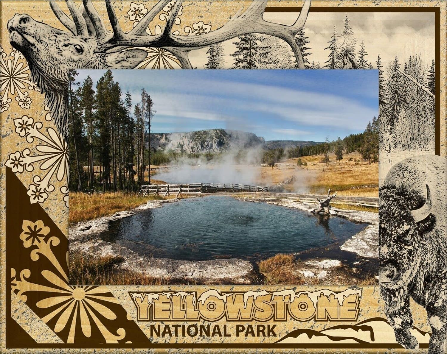 Saddle Mountain Souvenir Yellowstone National Park with Elk and Bison Laser Engraved Wood Picture Frame Landscape (3 x 5)