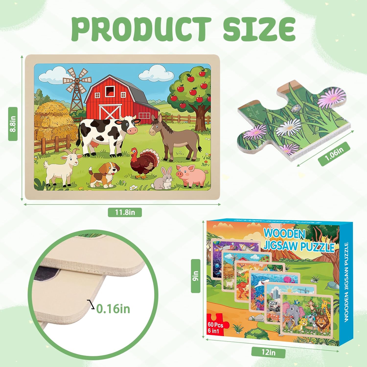 Wooden Puzzles for Kids Ages 4-8, 6 Pack 60 Piece Jigsaw Puzzle Set, Preschool Educational Brain Teaser Toys with Animals Dinosaur Space & Vehicles, Educational Toys for Boys and Girls
