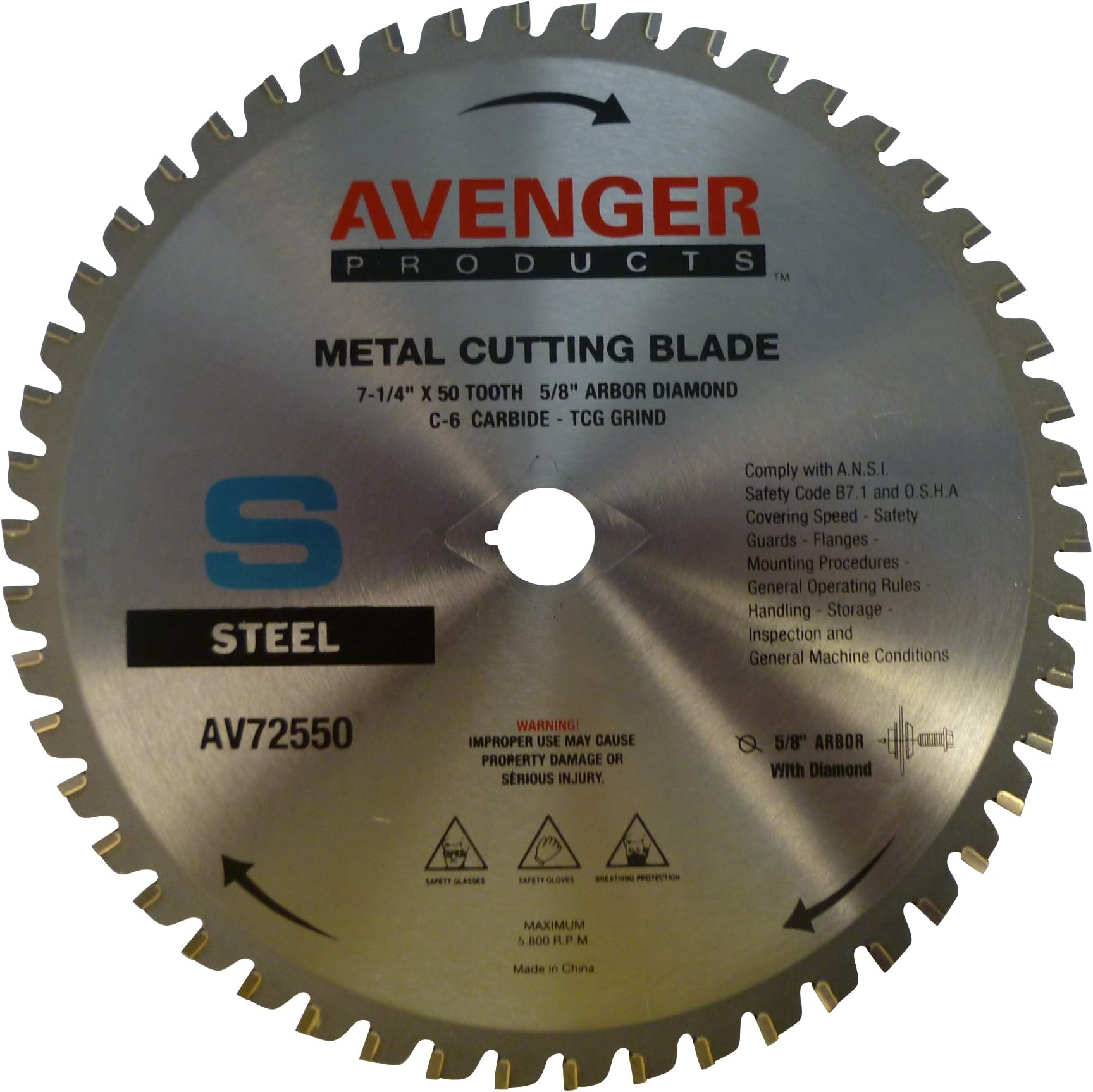 Avenger AV-72550 Steel Cutting Saw Blade, 7-1/4-inch by 50 Tooth, 5/8-inch Arbor with Diamond KO, C-6, ATB