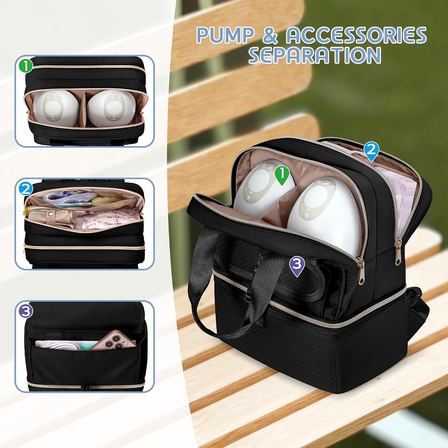 Fasrom Breast Pump Bag Compatible with Momcozy M5/M6/S12 Pro and Eufy Wearable Hands-Free Pumps, Insulated Pumping Backpack with Cooler Compartment & Drying Mat for Working Moms, Travel, Black