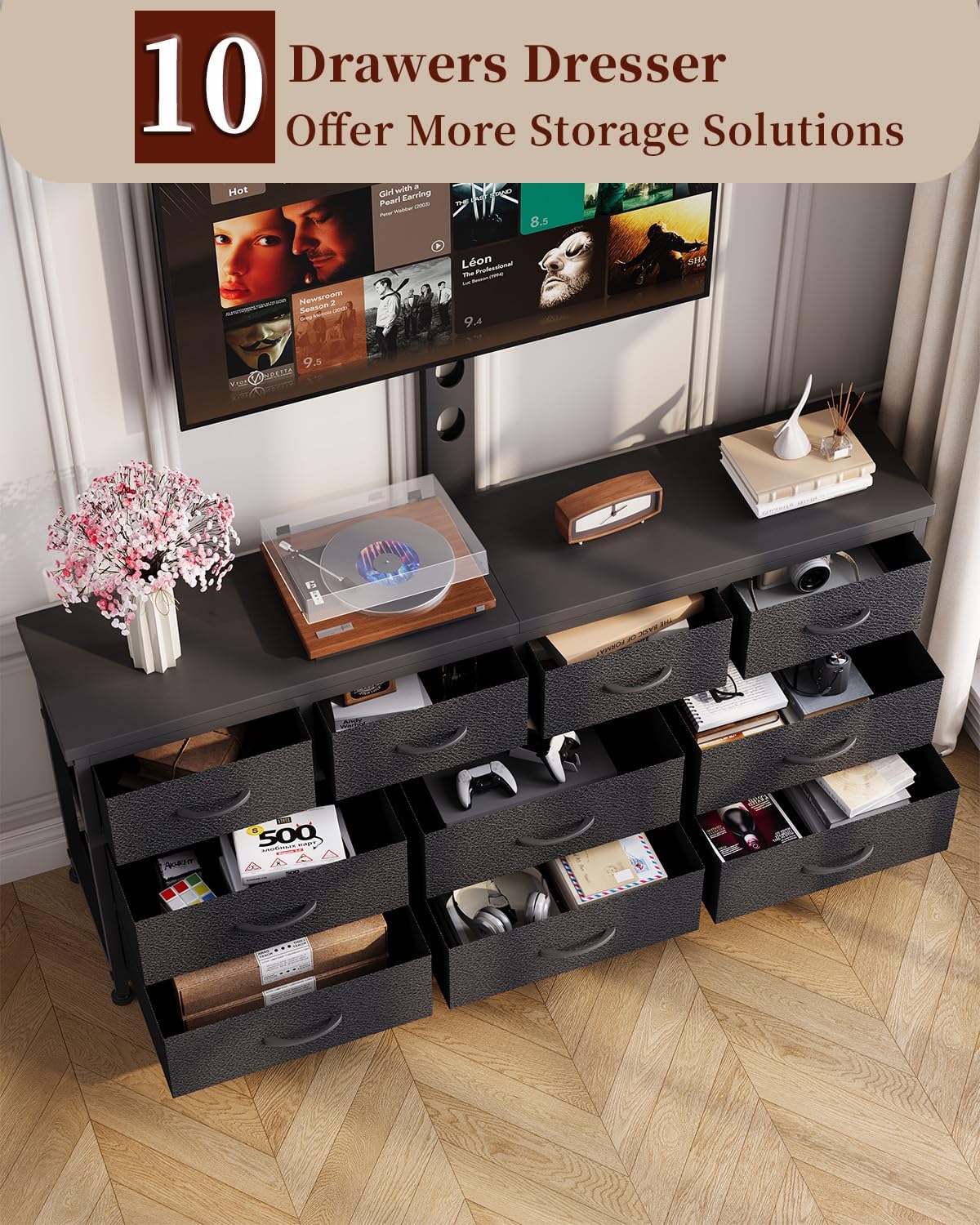 10 Drawer Dresser TV Stand with Mount, Media Console for 75" TV | Entertainment Center, Space-Saving, TV Mount with Storage for Bedroom, Living Room, Apartments