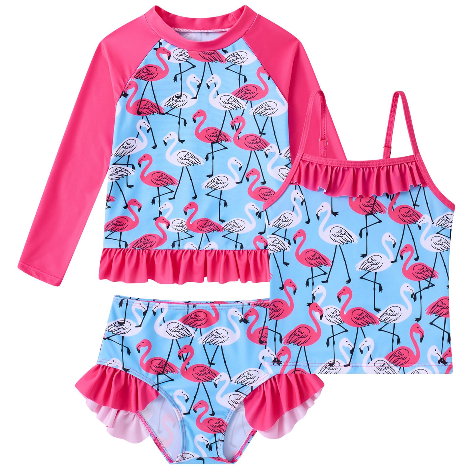 BFUSTYLE Girls Swimsuit 3 Pieces Rash Guard Kids Bathing Suit 3-8 Years | Funny Sun Protection Quick Dry Summer Beach Long Sleeves Swimwear Tankini Set