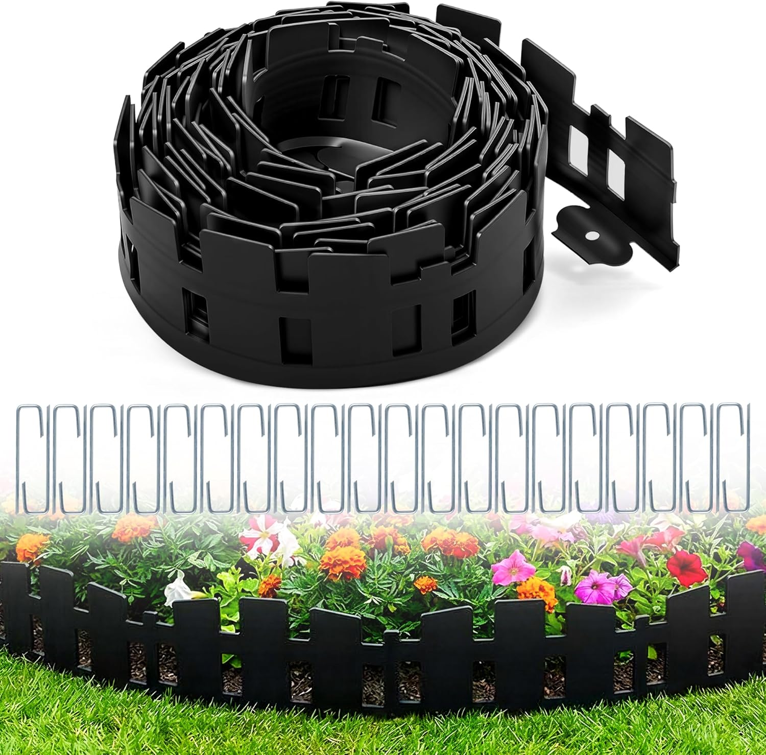 Polegas 33FT 4.6 Inch Tall Landscape Edging No Dig with 40 Metal Spikes, Plastic Arched Design Garden Edging, Flexible Garden Edging Border, Black Lawn Edging for Flower Beds Yard Pathway