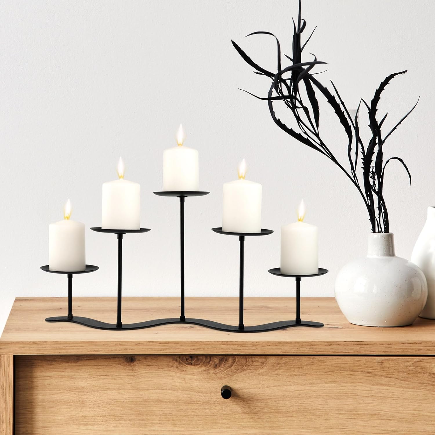 Fireplace Candle Holder for Home Decor: 17 inch Candle Stand for Indoor Dining Living Room - Black Metal Pillar Candelabra for Outdoor Wedding Party - Advent Halloween Christmas
