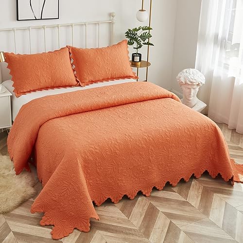 Brandream Juego de edredón tamaño Queen de algodón naranja juego de ropa de cama de lujo para casa de campo juego de edredón ligero acolchado de 3