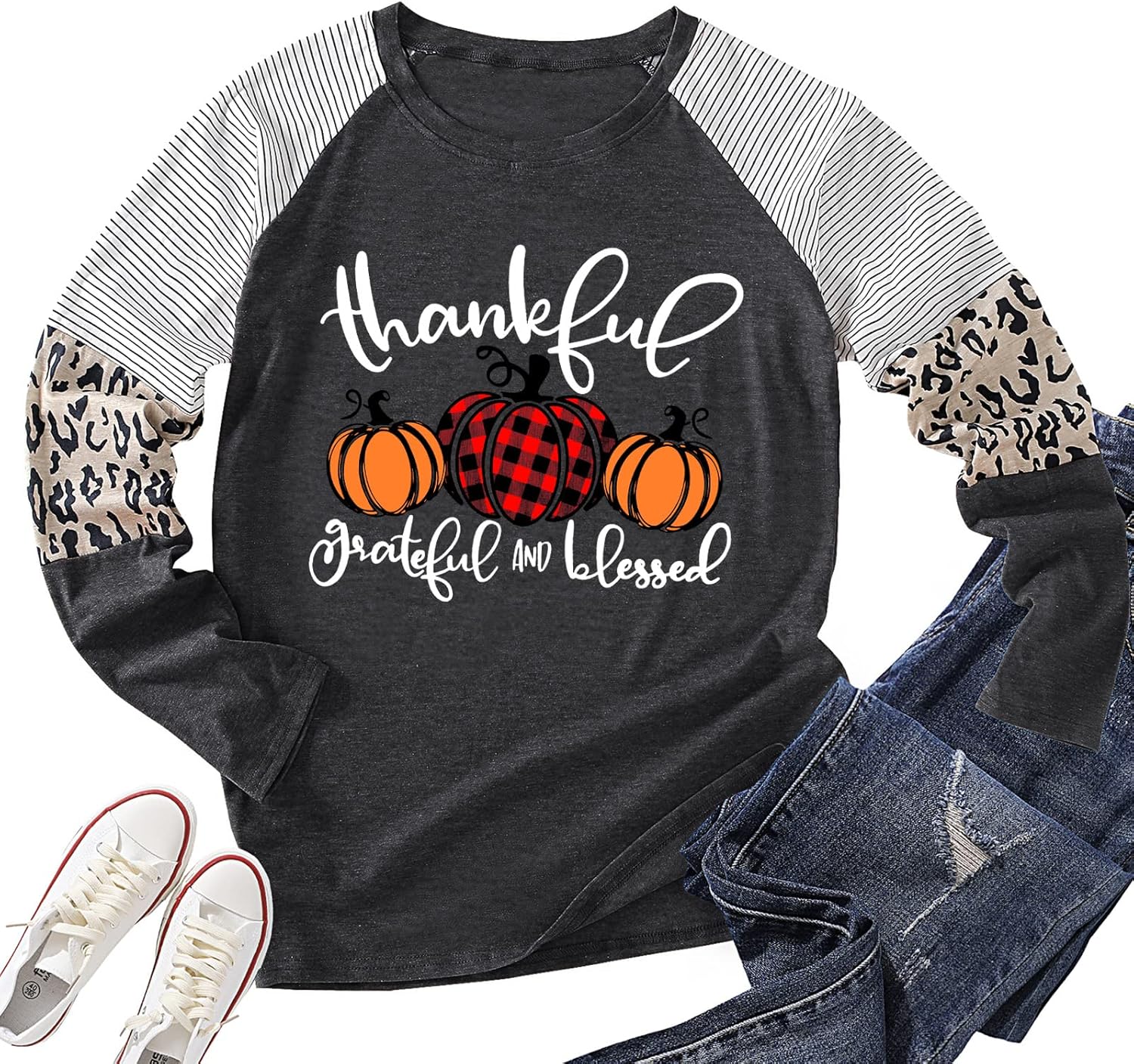 Thankful Grateful Blessed Shirts Women Thanksgiving Pumpkin T-Shirt Fall Tshirt Raglan Sleeve Top Tees - Image 4