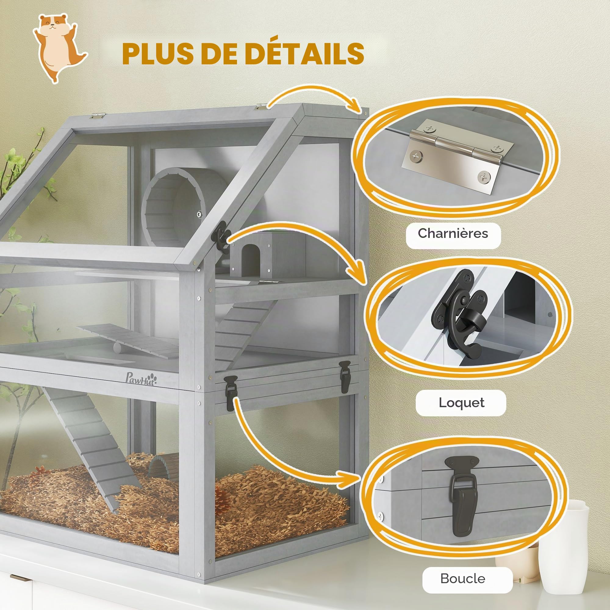 PawHut Cage à Hamster en Bois 3 étages Gris Clair | Cage pour gerbilles, fond amovible de 32cm de profondeur, maison, balançoire, roue d'exercice, rampes