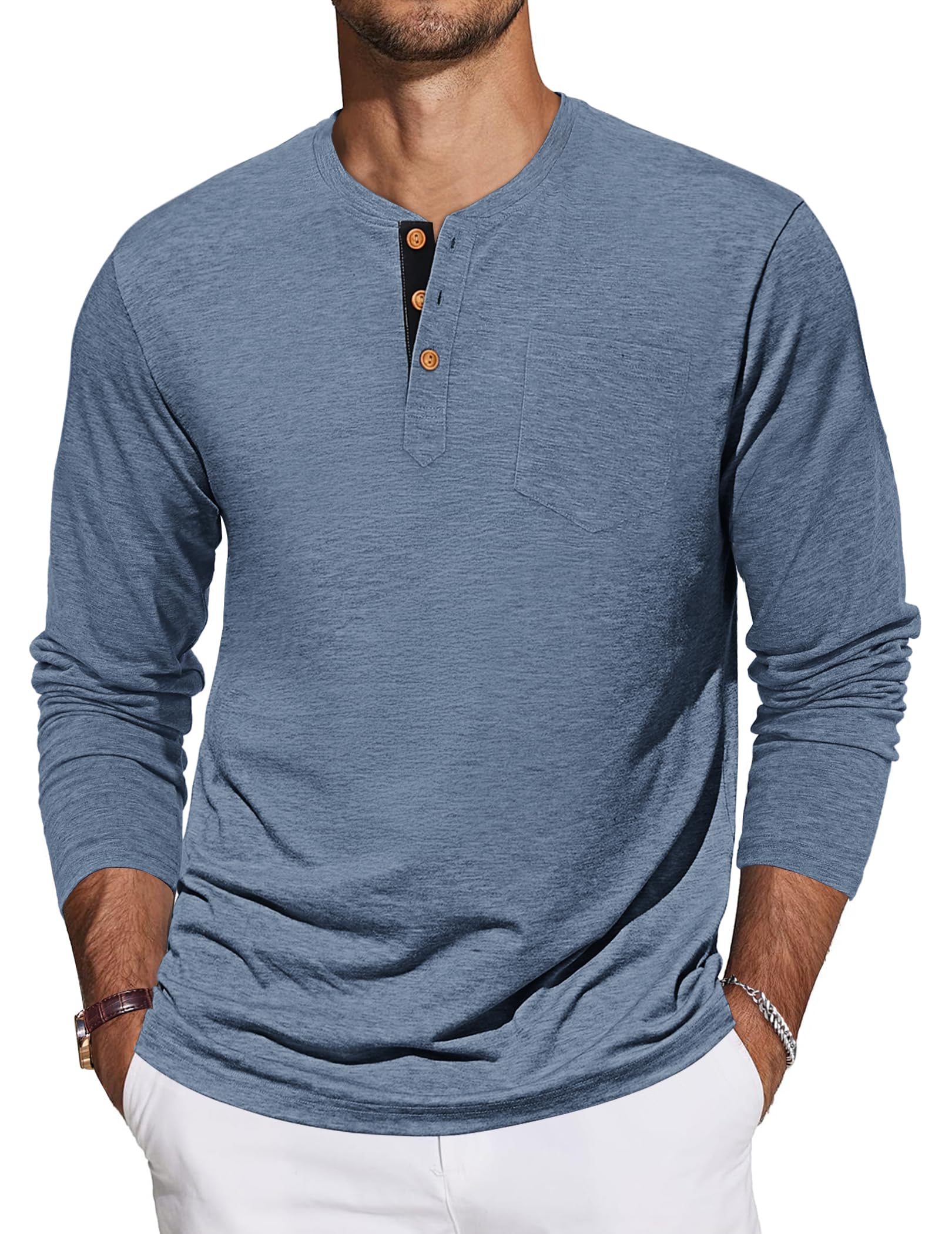 TARAINYA Henley Langarmshirt Herren Baumwolle T-Shirt M-4XL | 95%Baumwolle 5%Spandex, Longsleeve, Brusttasche, Einfarbig, Kontrast‑Knopfleiste, Regular‑Fit