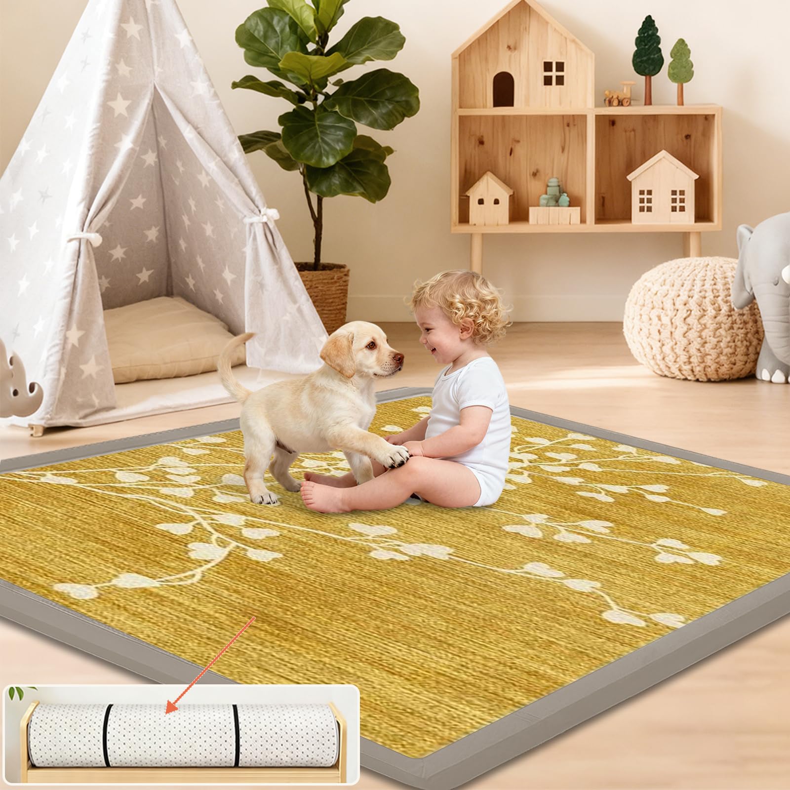 Tappeto Gioco Bambini Acolchado 2 cm Extra Spesso, Antiscivolo, Ideale per Pavimenti e Box Neonato, Palestra Neonati, Tappeto Tummy Time Neonati Giallo 90 x 180cm