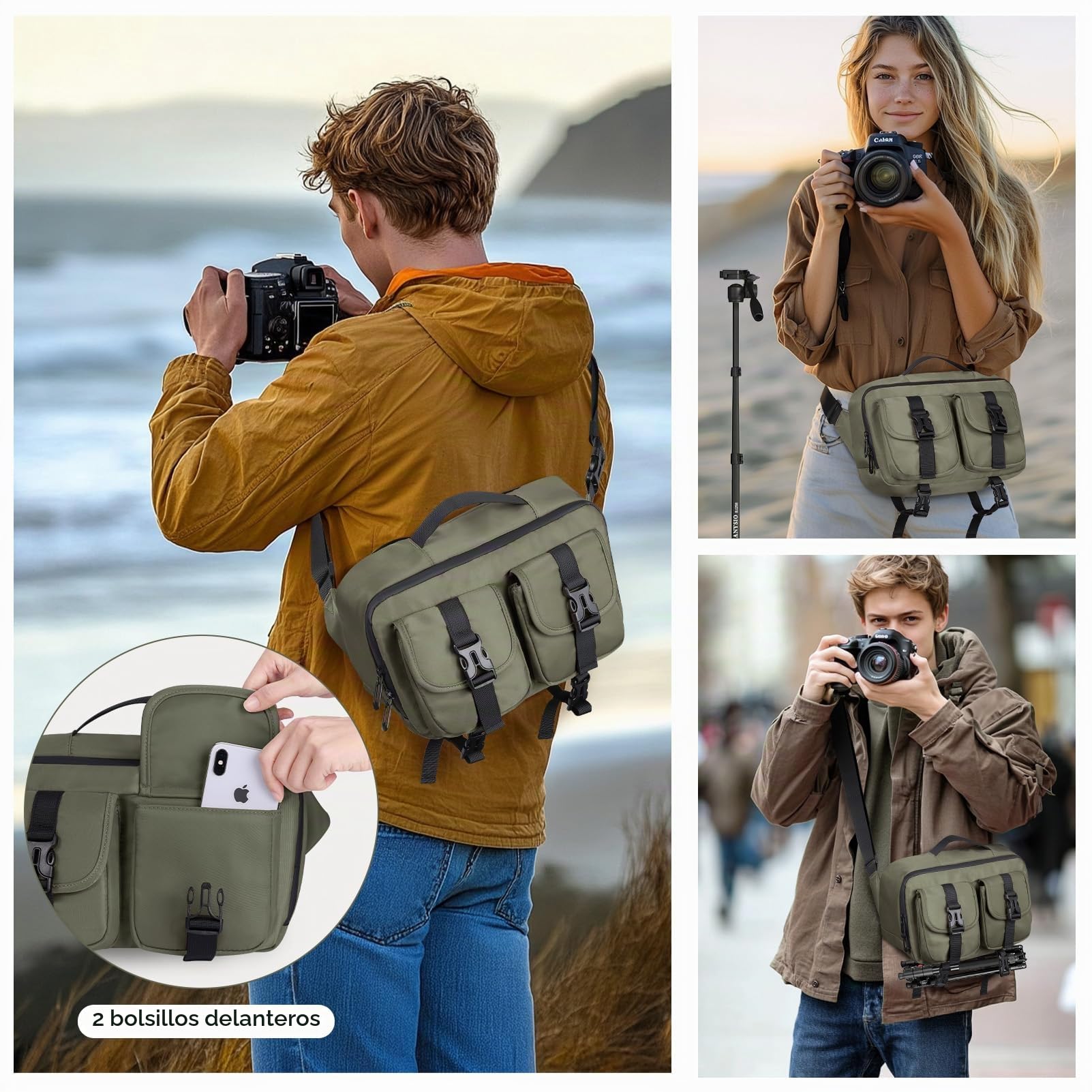 TAAOKA Bolsa bandolera ligera para cámara SLR/DSLR con soporte para trípode, bolsa cruzada impermeable para fotógrafos (verde)
