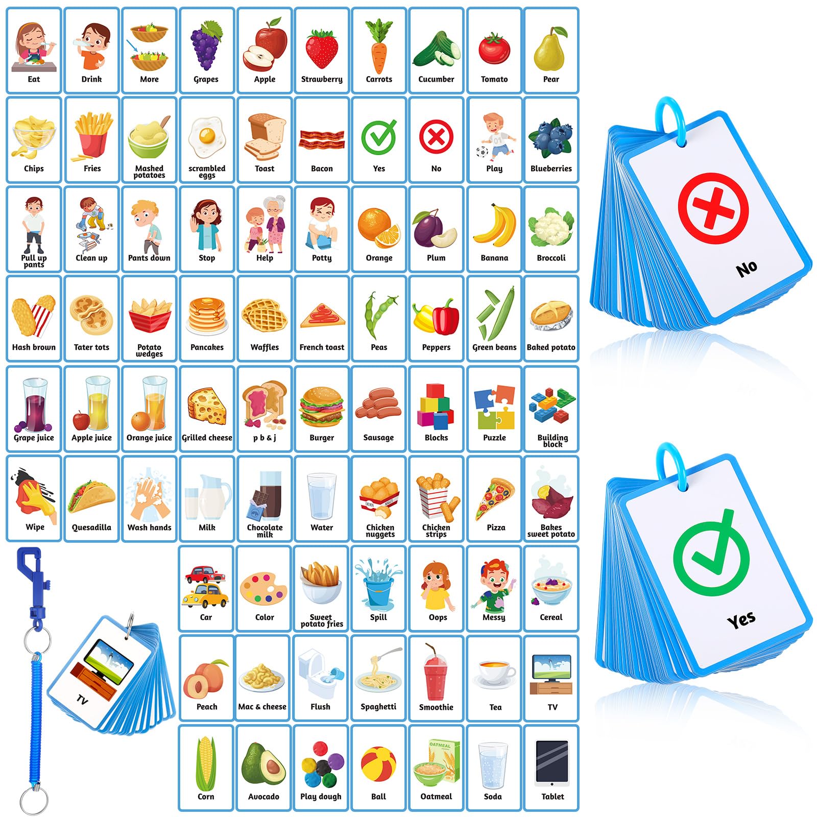 Equsion 81 Pcs Autism Communication Cards With Retractable Plastic Spring Cord Keychain - Nonverbal Communication Board, Flashcards for Special Needs Speech Delay (Blue)