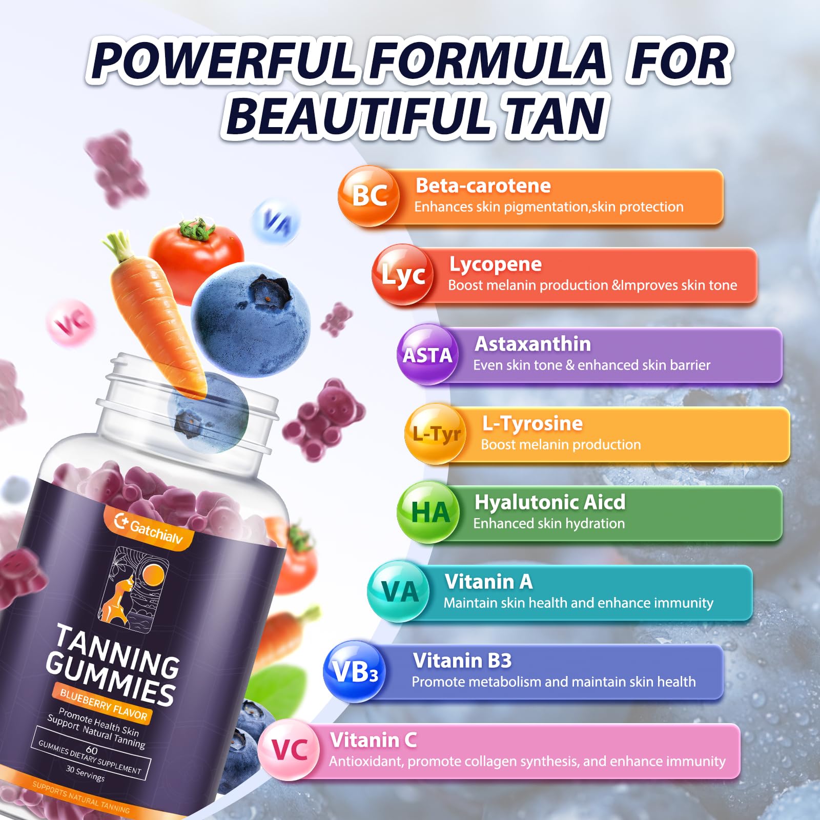 Tanning Gummies - Self Tan Bronzing Supplement that Work Without Sun - No Sugar Vegan with Astaxanthin Lycopene Beta Carotene and Vitamins-60 Count — Amazon image 3