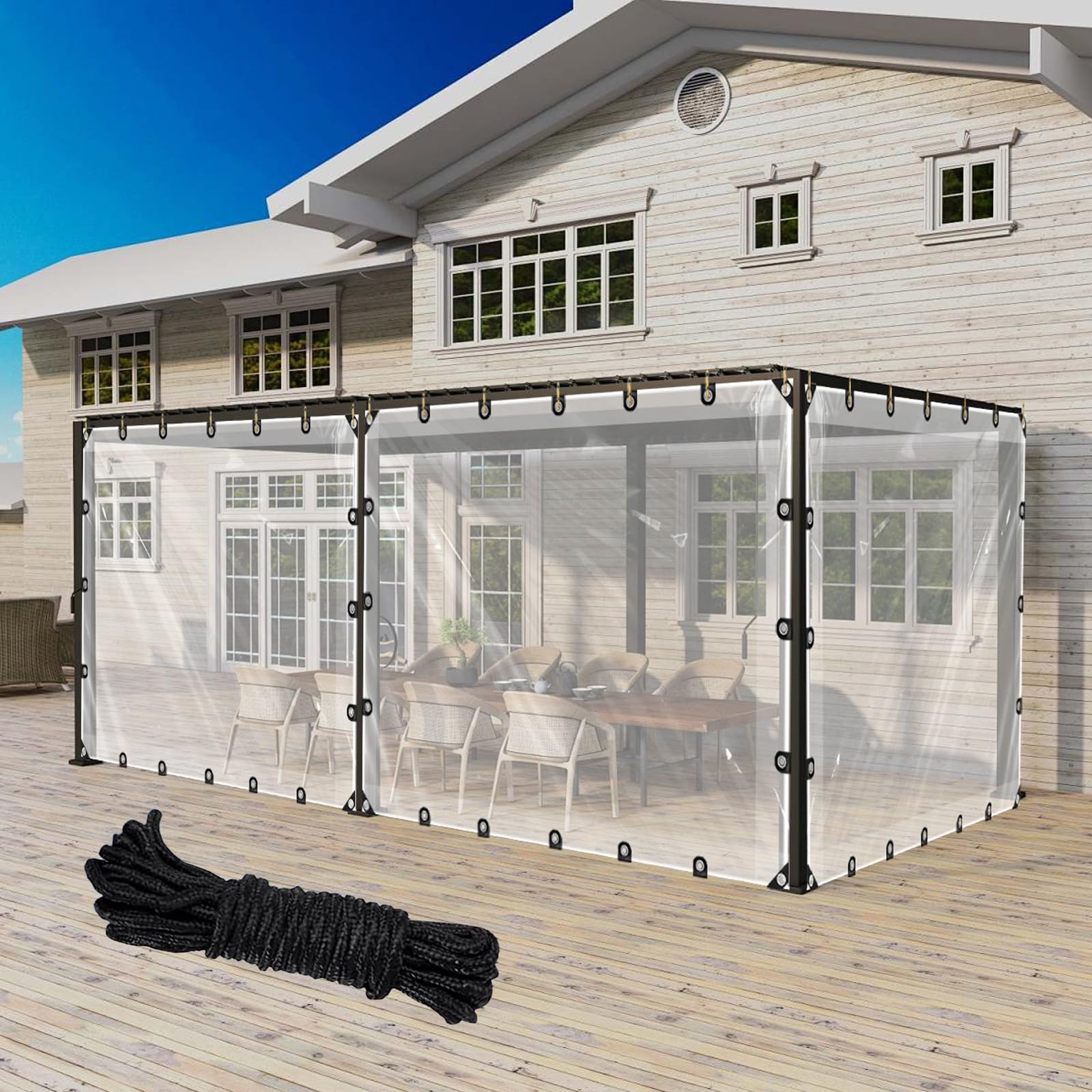 Transparent Tarpaulin, Clear Tarpaulin with Eyelets Waterproof Heavy Duty 130 g/m² PVC Clear Tarp Pergola Covers, Windproof Tear Resistant for Garden Gazebo with rope (2.2m x 3.2m)