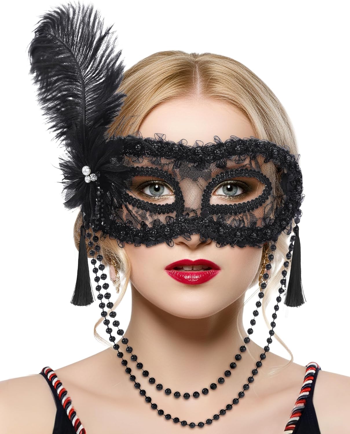 Venetian Masquerade Mask for Women - Feather Masks with Pearl Tassels, Party Eyemask for Halloween Renaissance - Image 7