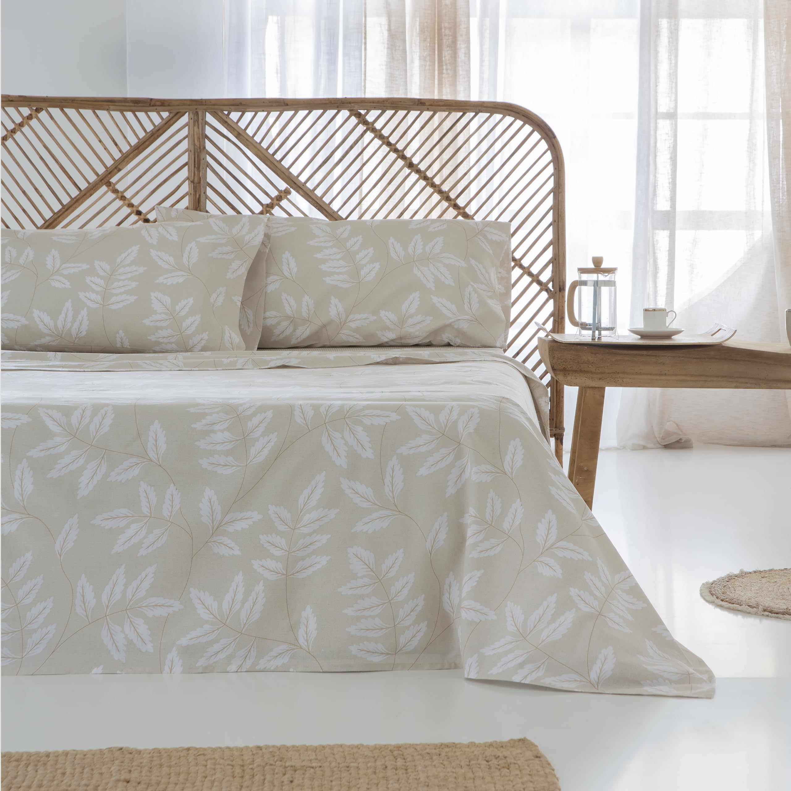 COTTON ARTean Juego de sábanas 150 Algodón Organico BATAN Beige | Incluye 4 piezas: encimera, bajera ajustable, 2 fundas de almohada. Certificado OEKO-TEX