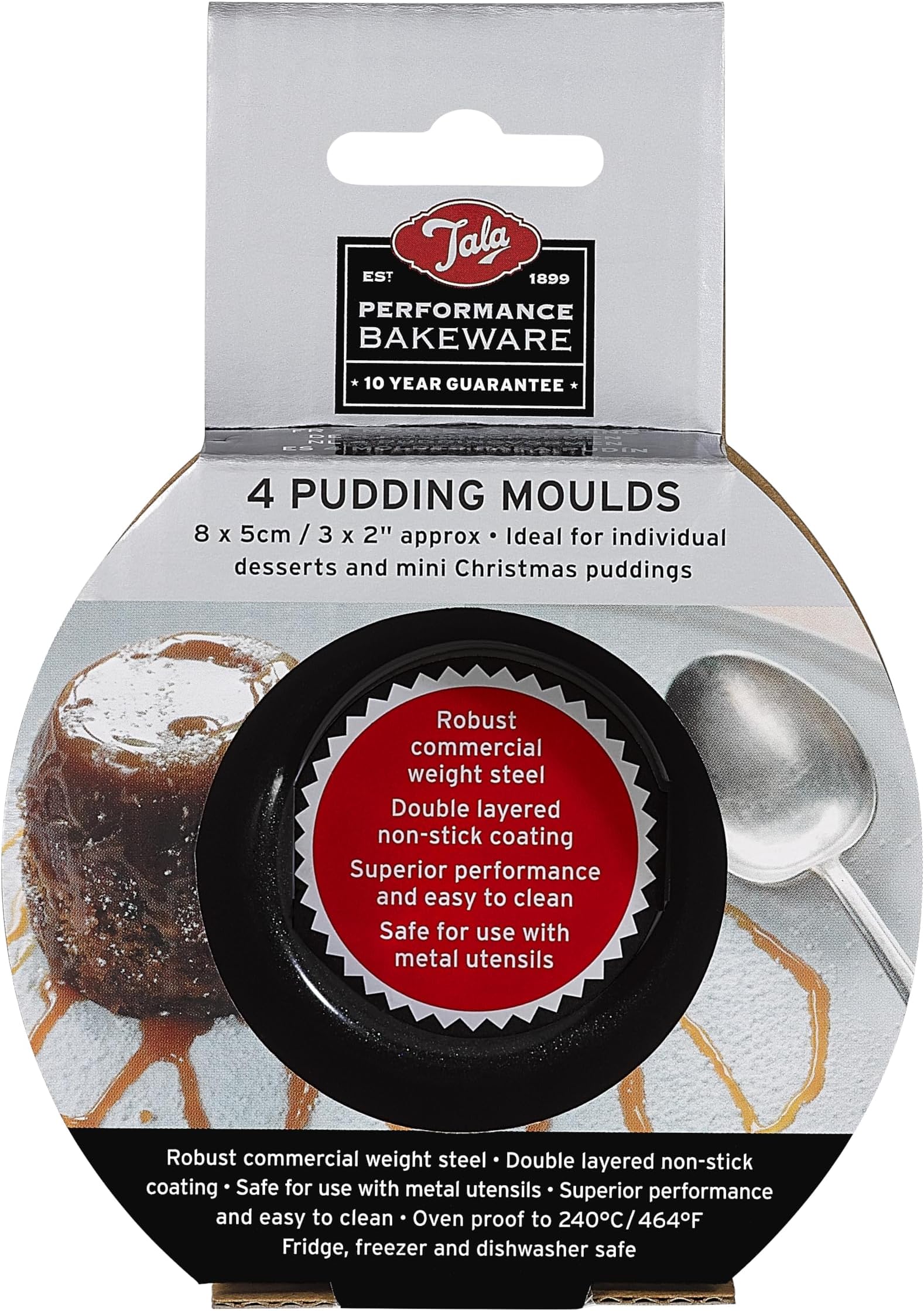 Tala Performance 4 Mini Pudding Moulds, 9.2x9.2x5.06 cm, made from Professional Gauge carbon steel with Eclipse Premium Non-Stick Coating; Cake Moulds, Ideal for sponge and Christmas puddings