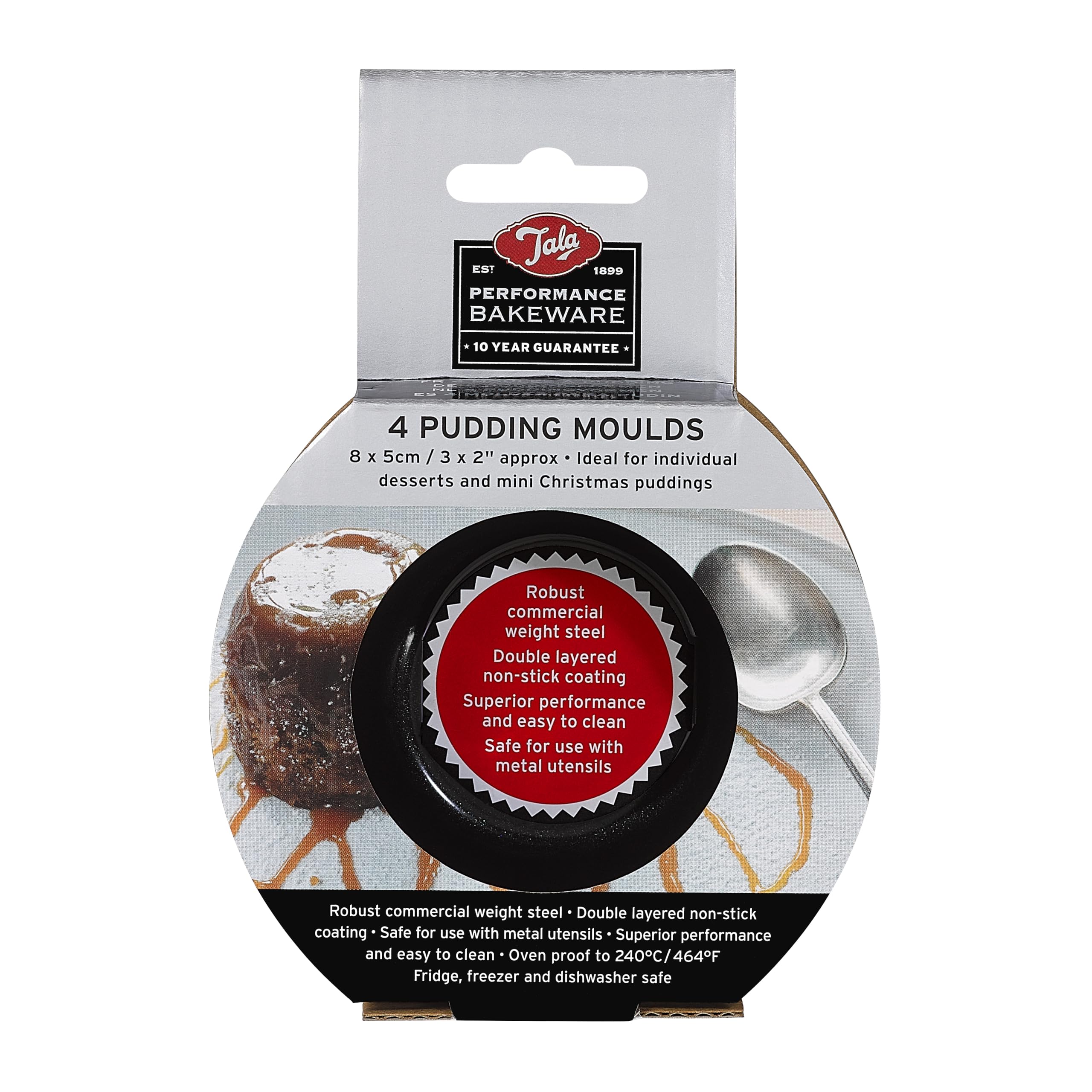 Tala Performance 4 Mini Pudding Moulds, 9.2x9.2x5.06 cm, made from Professional Gauge carbon steel with Eclipse Premium Non-Stick Coating; Cake Moulds, Ideal for sponge and Christmas puddings