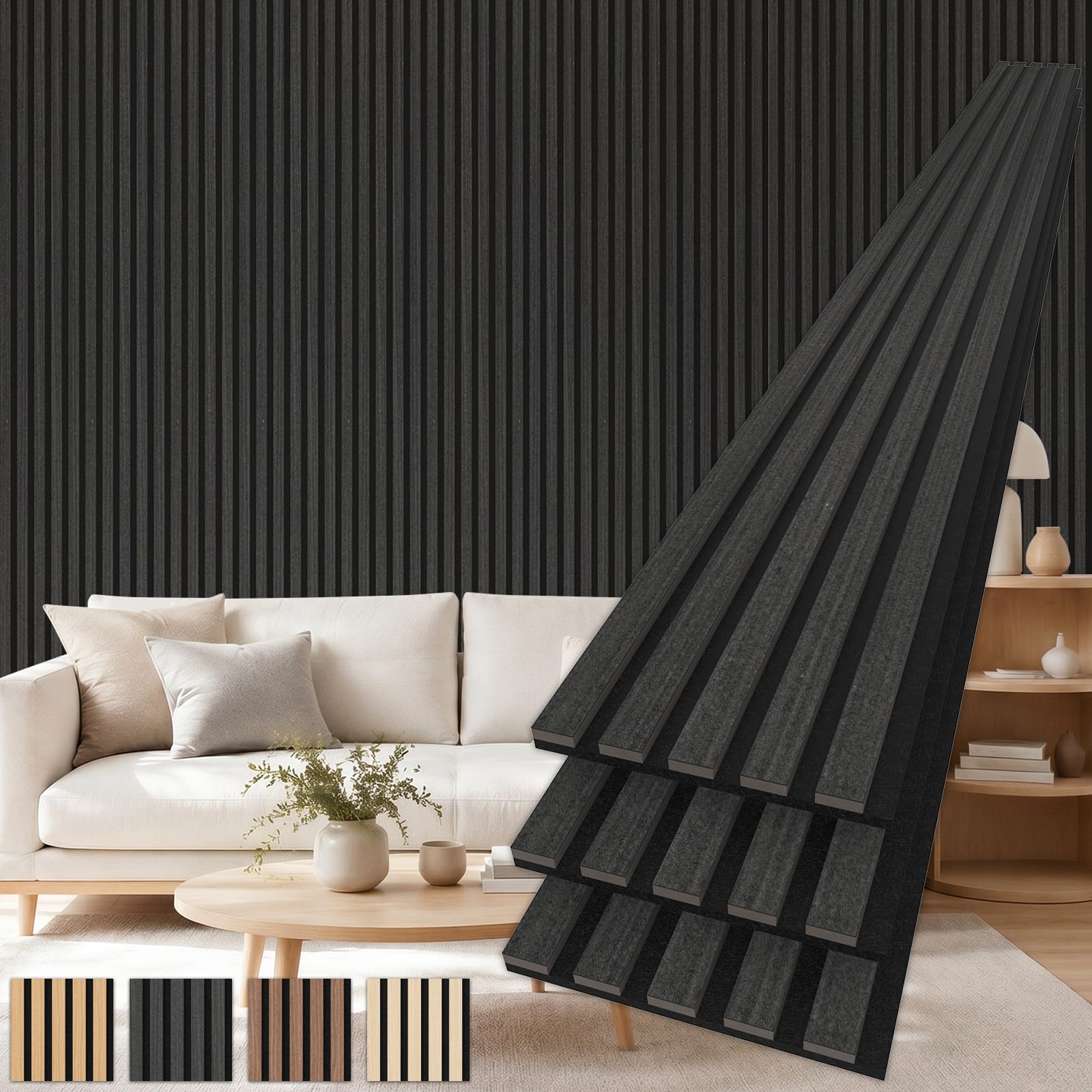 TONOR Wood Slat Panel, 3 Pack Acoustic Panels for Wall Decor, 240cm x 20cm -1.44m², Interior Wall Décor Slat Wall for Noise Cancelling, Studio, Living Room, Office, Bedroom, Black