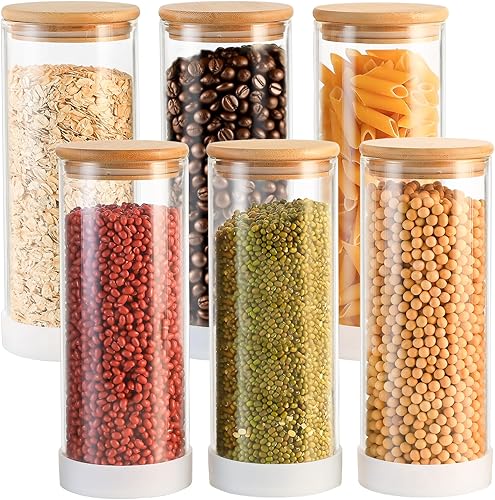 Miniatura 13 de 1.05L (37oz) Envases de almacenamiento cuadrados de vidrio con tapas de bambú – Paquete de 4 frascos herméticos de vidrio transparente