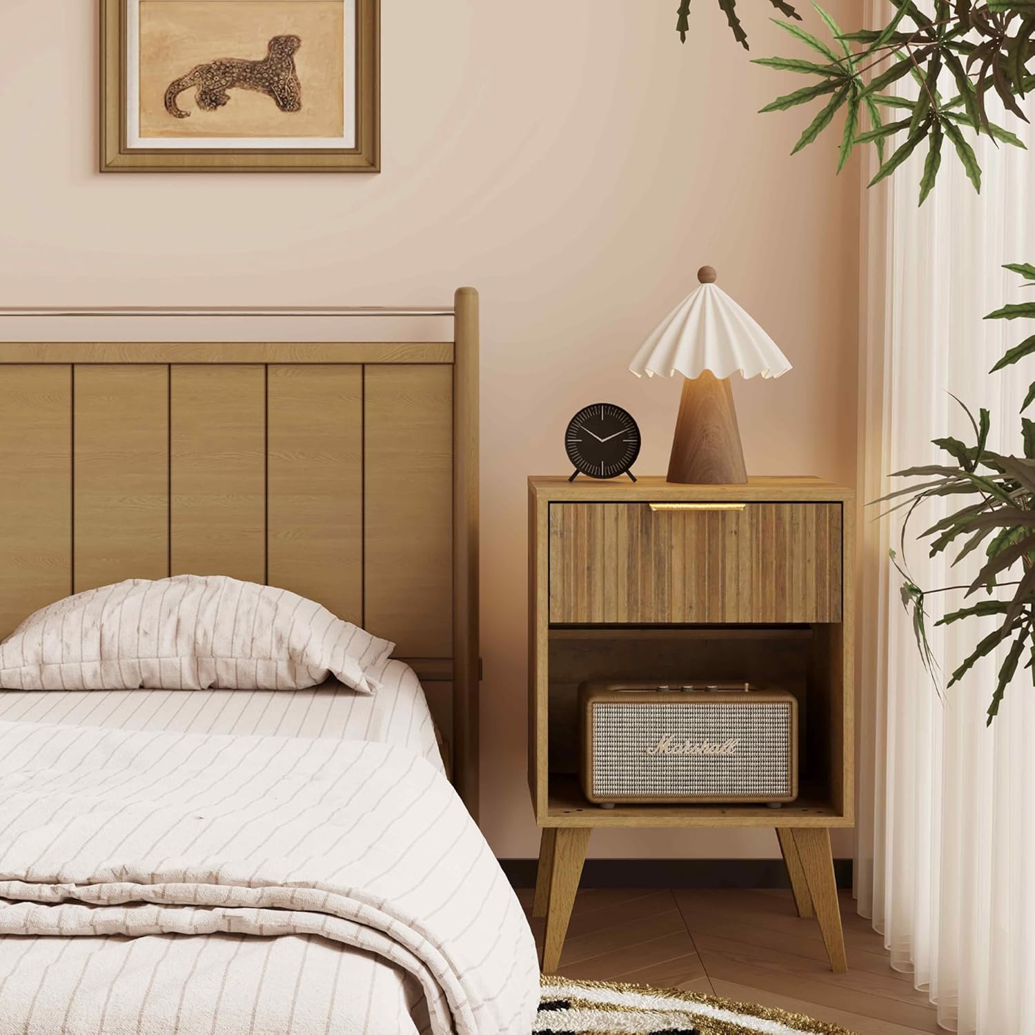 Fluted Night Stand with Opening Storage,Mid Century Bedside Table with Drawer,Wood Nightstand with Legs,End Table Side Table for Living Room,Bedroom,Caramel Oak 11.8"Dx15.7Wx 25.2"H CTG56BR - Image 6