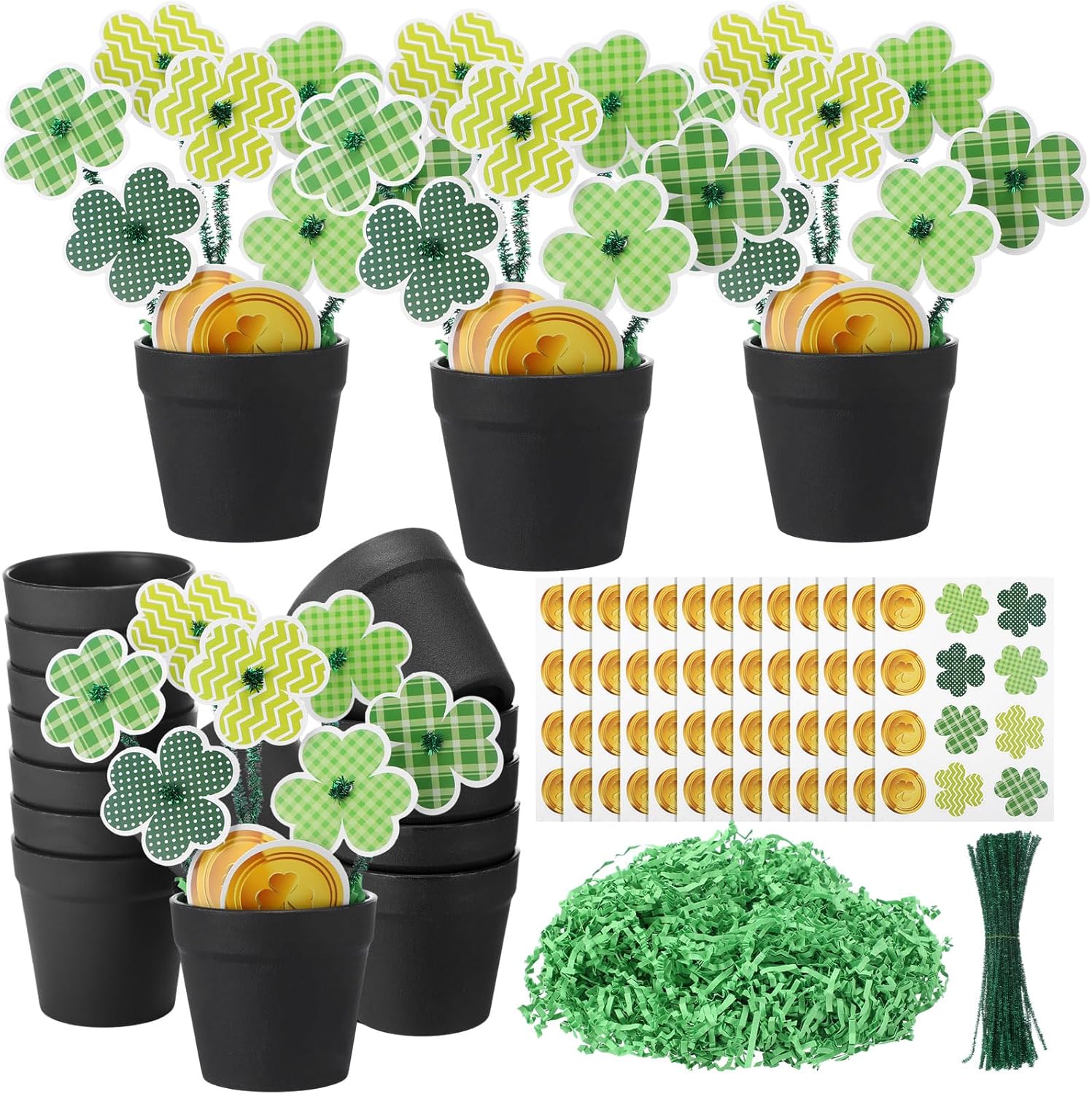 Civaner 24 Sets St. Patrick's Day Shamrock Craft Kit DIY Clover Flower Pots with Shamrock Cards for St Patrick's Day Decorations Irish Festival Gift Classroom Crafts School Projects Spring Activities