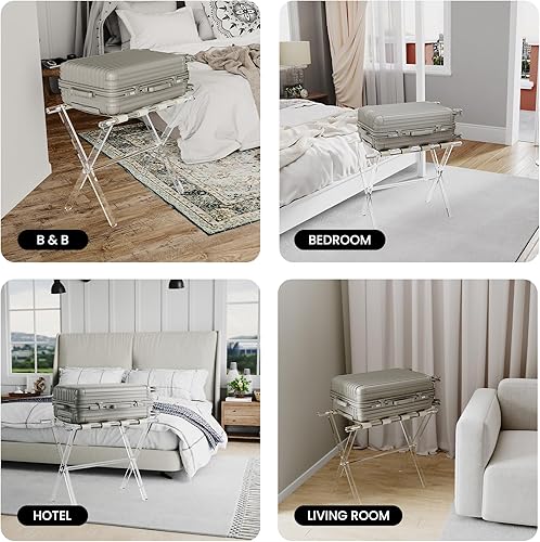 Miniatura 8 de Sumerflos Portaequipajes de acrílico para habitación de invitados, soporte plegable para maleta con correas de cuero para dormitorio, sala de estar,