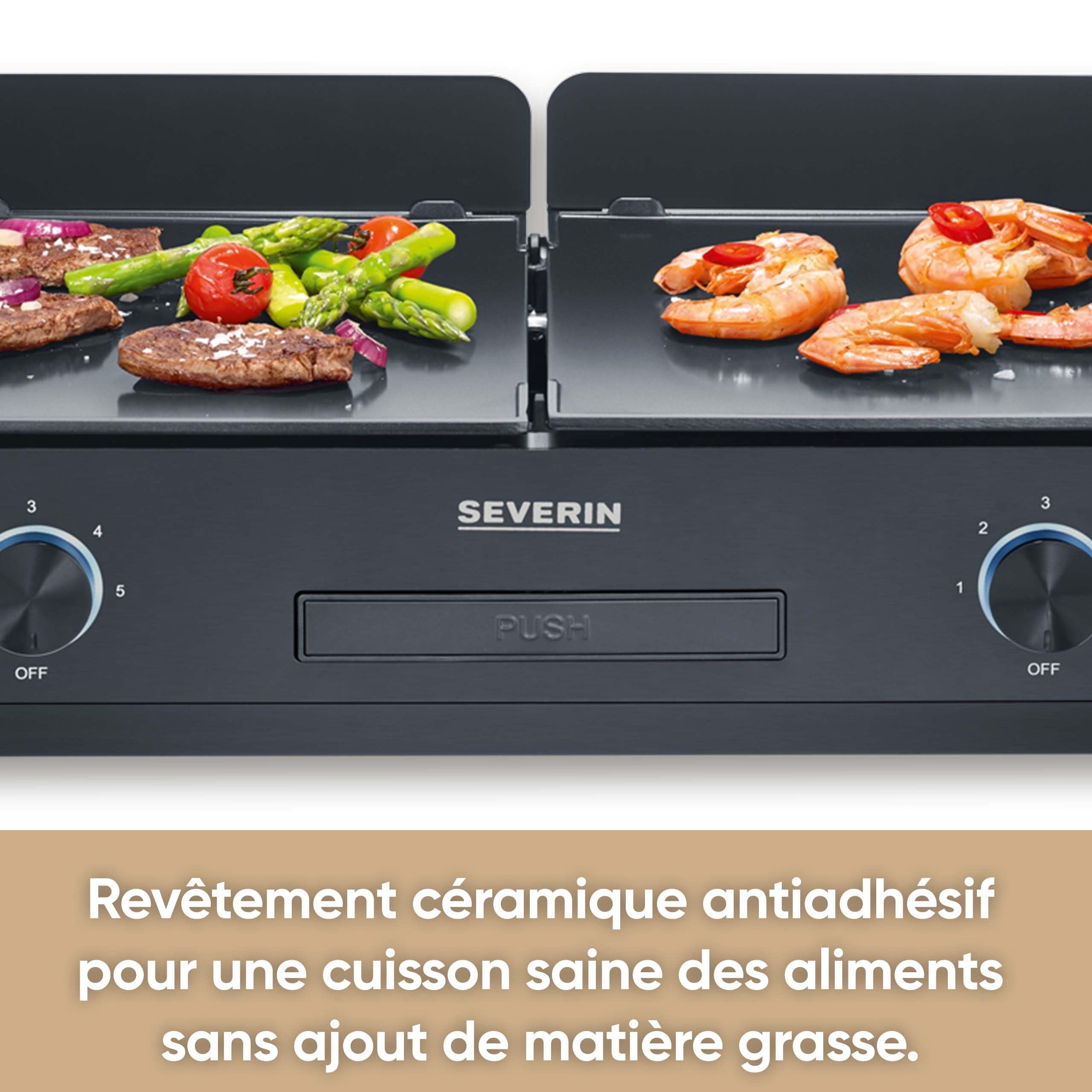 SEVERIN Plancha réglable jusqu'à 240°C, 2 200 W, Plaque de cuisson au revêtement céramique pour viandes, poissons & légumes, Gril électrique avec bac récupérateur de graisse amovible, Noir, PG 8569