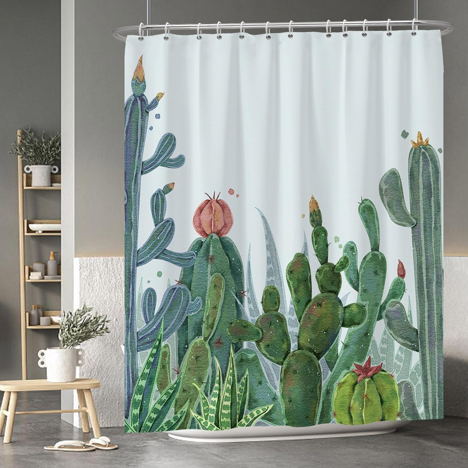 Baocicco Cactus Shower Curtain Watercolor Tropical Succulent Plants Cactus Flowers Shower Curtains for Bathroom Bathtubs Waterproof Fabric Shower Curtain with Hooks 72x84 Inches