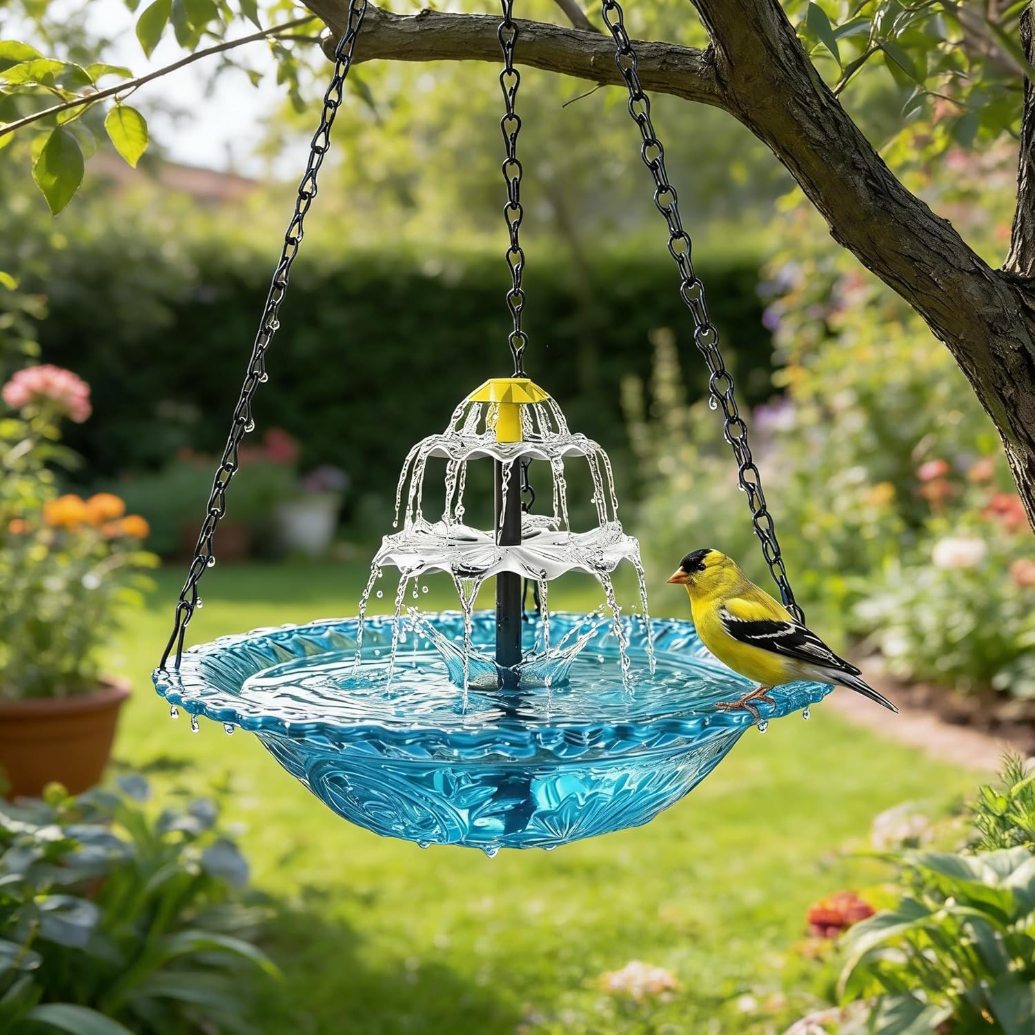 2026 Solar Cascade Hanging Bird Bath Fountain, 3 Layers Outdoor Water Feature for Hummingbirds, 9.3" Glass Basin with Solar Powered Pump, Attract Wild Birds to Garden, Patio (Blue)