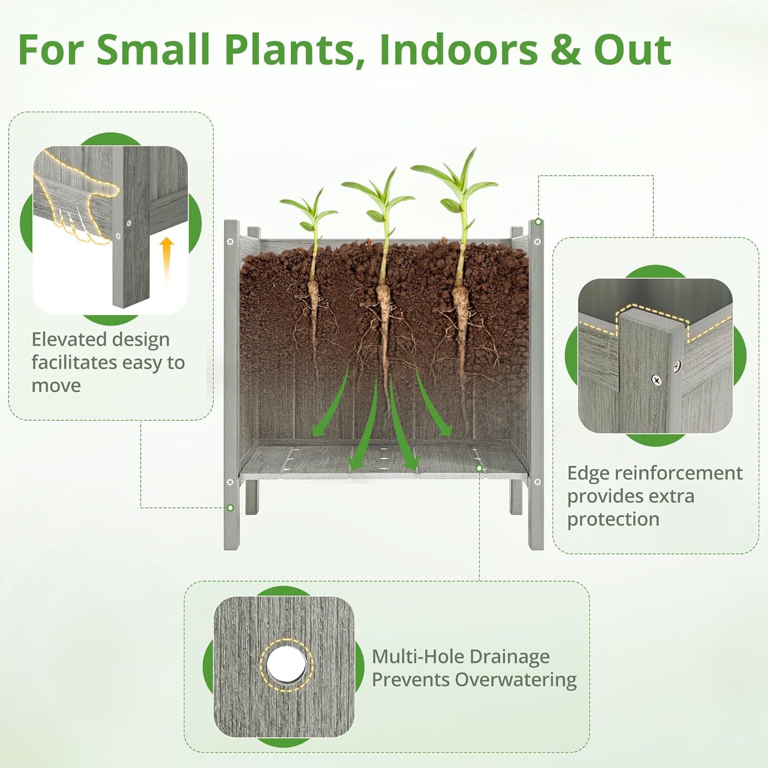 LUE BONA Outdoor Plant Pots Set of 2, 13.7" x 12.5" x 14.5" HDPS Flower Pots with Drainage Holes, Outdoor Planter Box for Outdoor Plants - Porch Patio, Garden or Entryway, Light Gray-Oil Printed