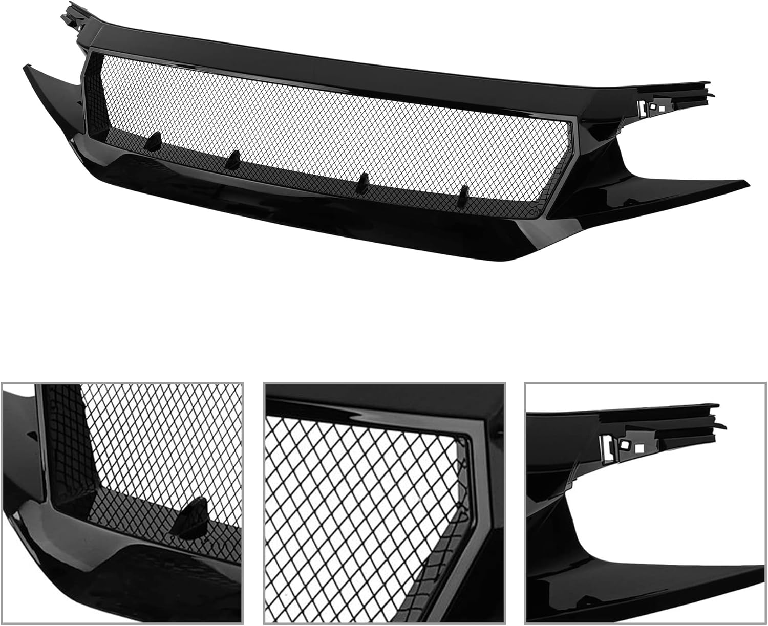 PartsFlow Front Bumper Grille Sports Grill Glossy Black Mesh For 2016 2017 2018 2019 2020 2021 Honda Civic Si Hatchback