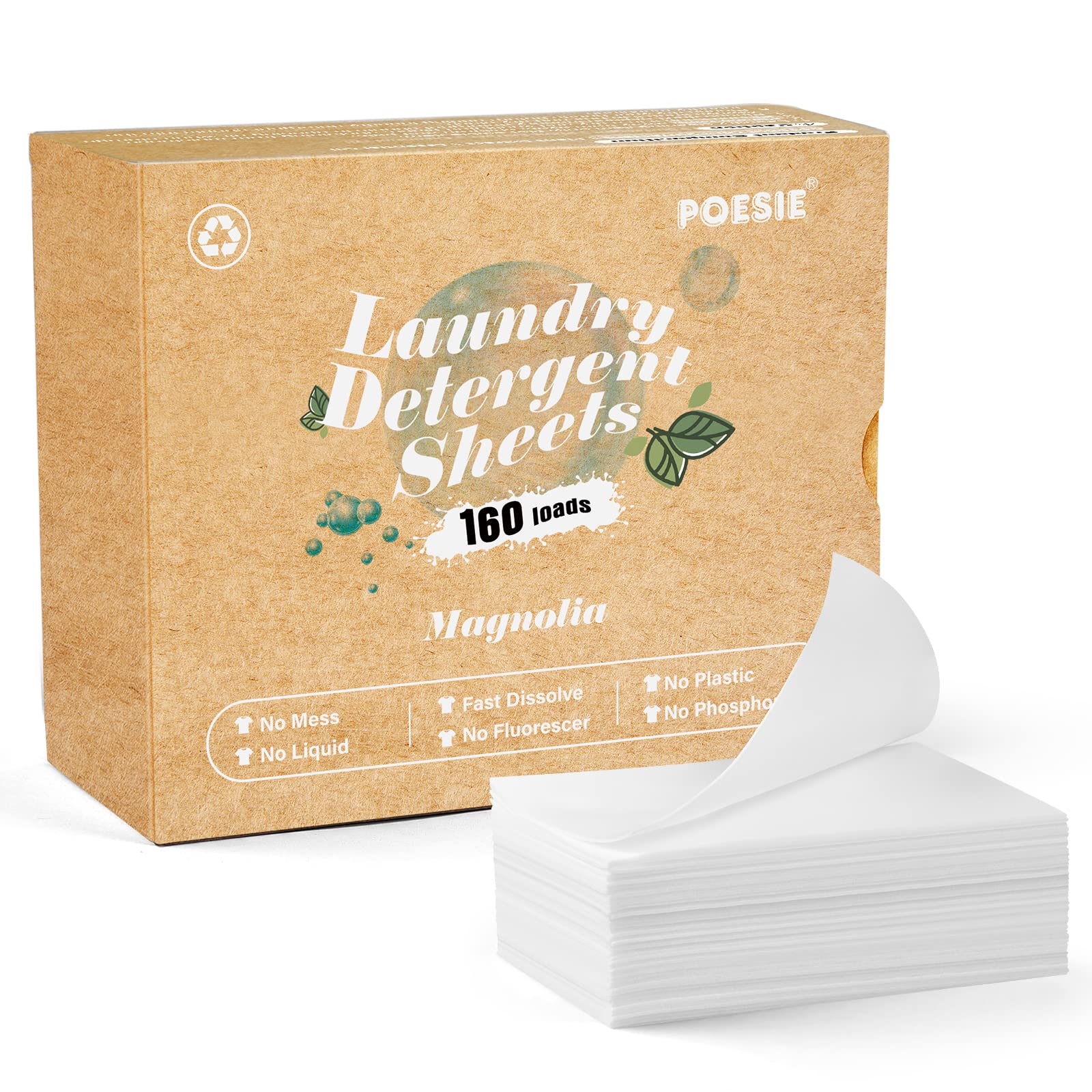 Poesie Laundry Detergent Sheets Magnolia Scent 160 Sheets 80 Large Loads Liquid Less Effective Cleaning Zero Waste for All Washing Machine Traveling Dorm Life Save Space