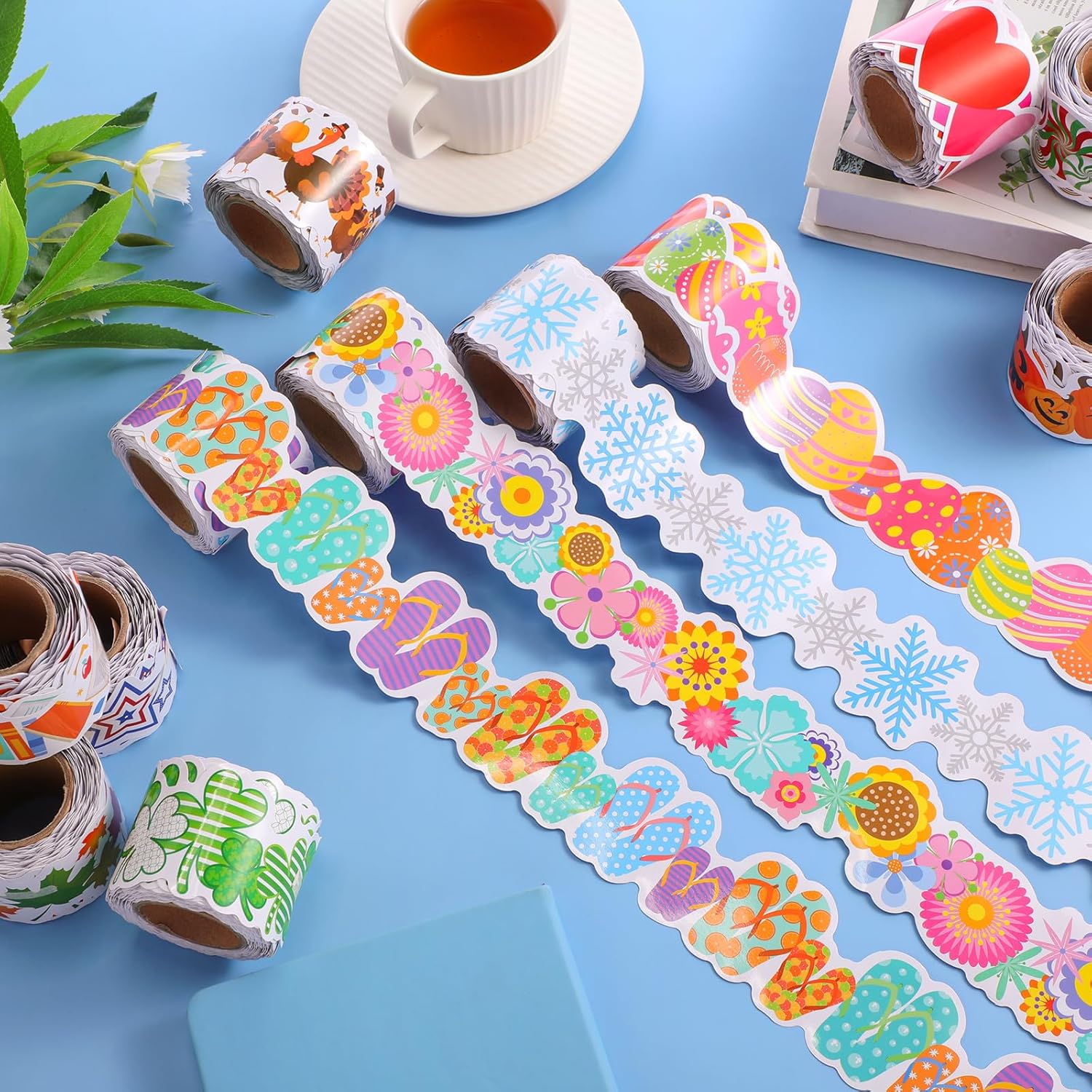 Geyee 12 Rolls 394 ft Holiday Bulletin Board Borders Seasonal Bulletin Board Decorations Summer Beach Trim for School Classroom Wall Decor
