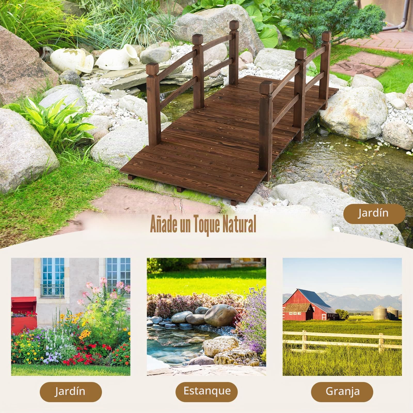 GOPLUS Puente de Madera para Jardín de Abeto con Barandilla, Puente de Estanque Soporta hasta 150 kg, Puente Decorativo Marrón para Estanque, Jardín y Patio, 172 x 75 x 58,5 cm