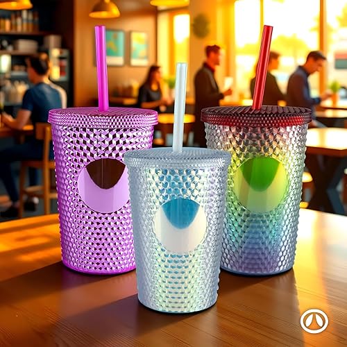 Miniatura 5 de Hogg Vaso de 24 onzas con tapa y pajita, diseño de arcoíris, taza reutilizable para café helado, vaso brillante para mujeres, taza de diamantes de