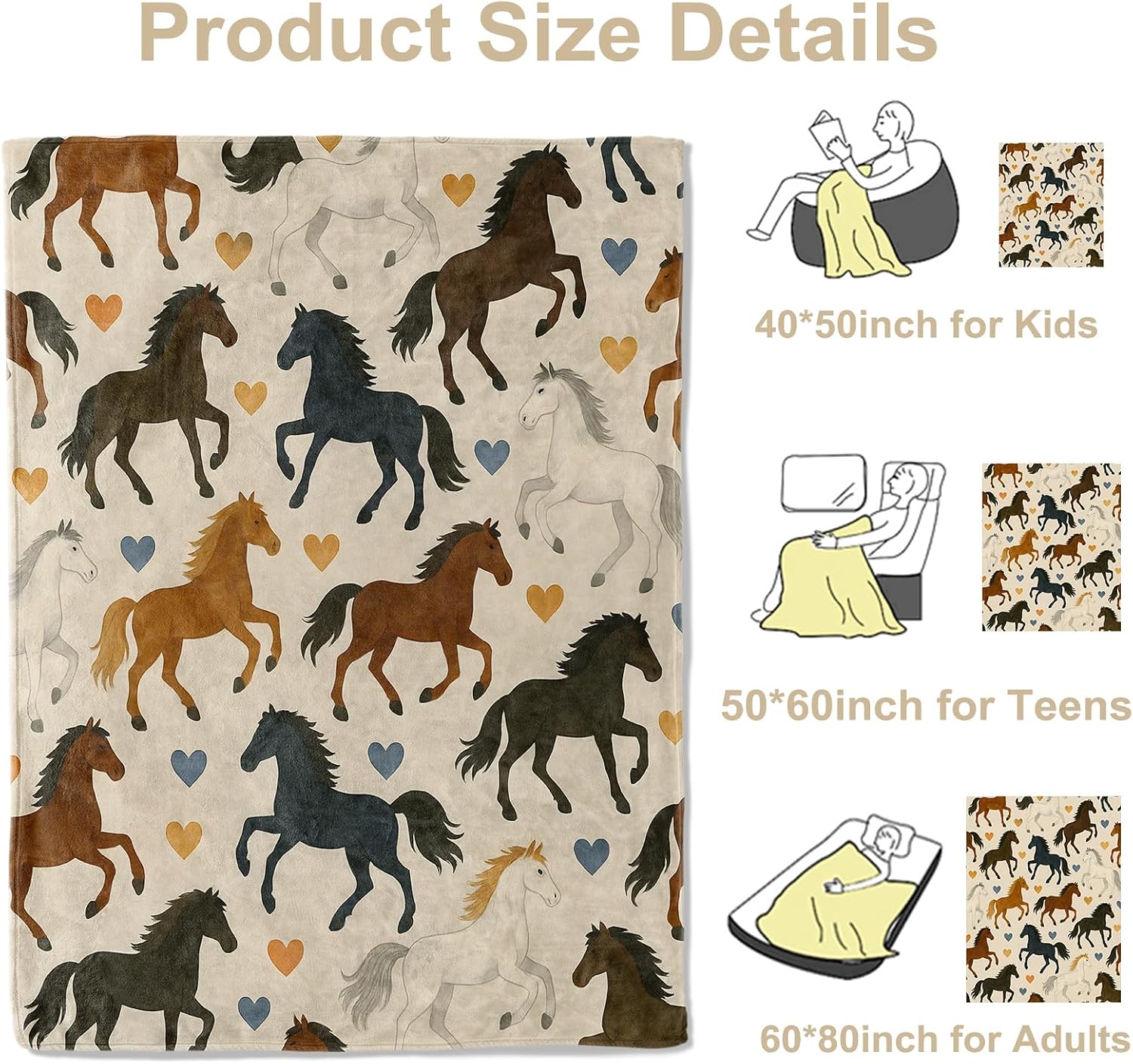 Charming Horse and Hearts Throw Blanket, Lightweight Warm Flannel Blankets, Home Decor and Gifts, Soft Cozy Throws for Women Girls Kids, 50"X60" for Bed Couch Travel Office image 3