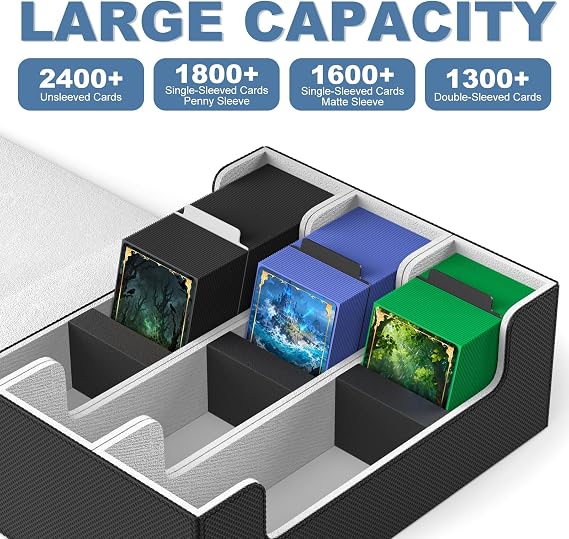 Mlikero Trading Card Storage Box, Bulk Card Storage for 1800+ Sleeved Cards, PU Leather Magnetic Closure Card Organizer with 10 Dividers & 3 Foam Stoppers, Fit for MTG, TCG and Sports Cards