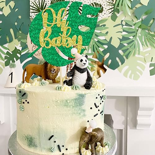 Miniatura 7 de Gyufise 1 pieza de decoración de pastel tropical dorado verde Oh Baby Cake Topper Jungle Safari Baby Shower Cake Decoración de hoja de Monstera niño
