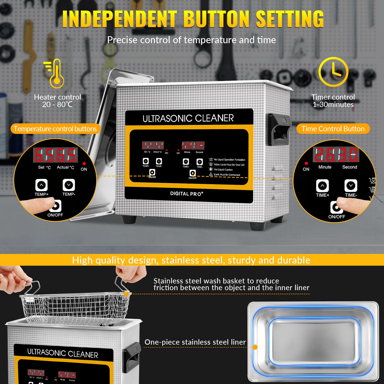 VELPAX 3.2L Pulitore Ultrasuoni Industriale con Riscaldatore e Timer Digitale 120W Acciaio Inossidabile Timer di Riscaldamento Digitale Pulizia Gioielli per Uso Domestico Personale Commerciale