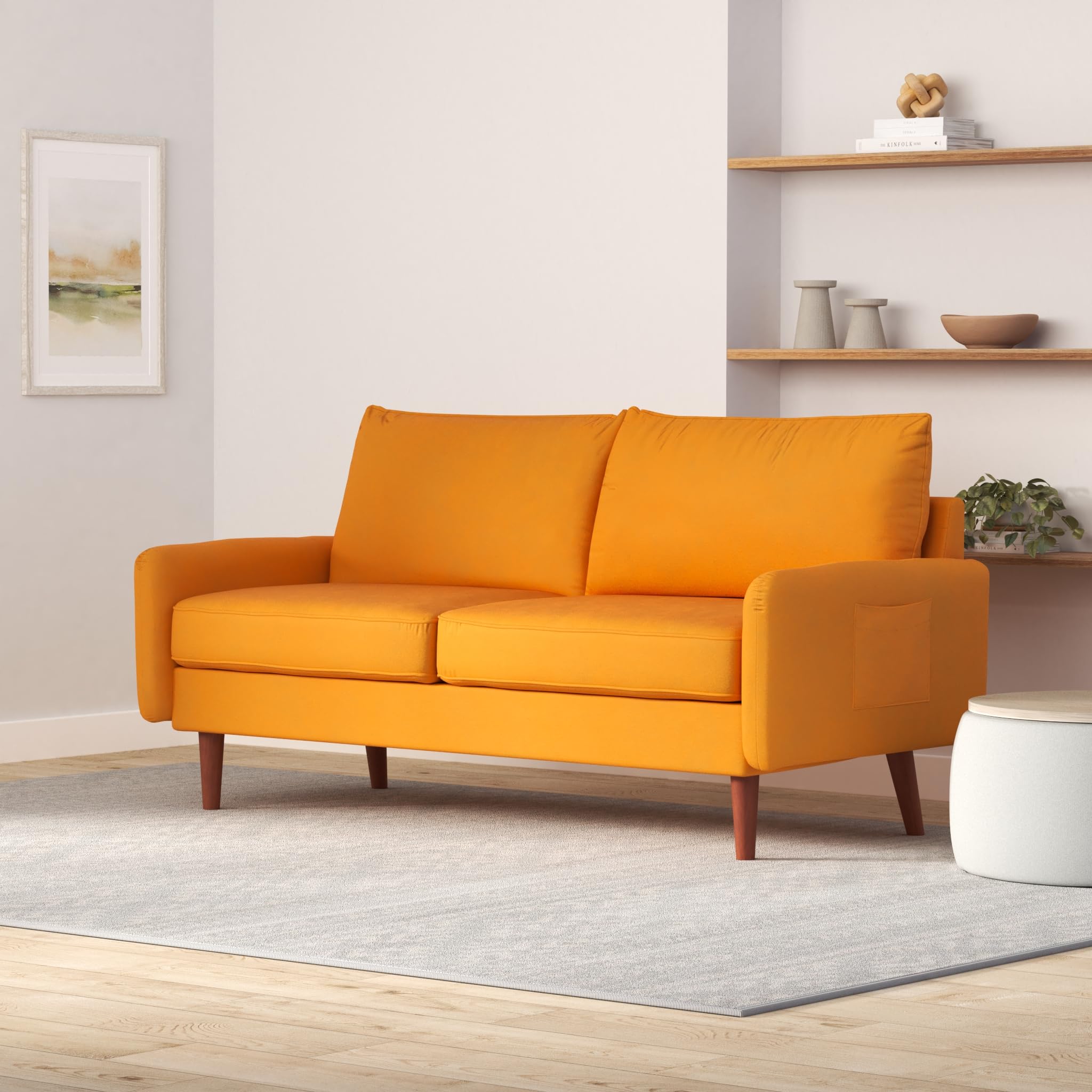 Dreamsir 58'' Mid Century Modern Sofa, Velvet Loveseat with Two Storage Bags, Small Love Seats Couch for Small Spaces, Velvet Sofa for Living Room & Apartment, Easy-Assembly (Loveseat, Ginger)