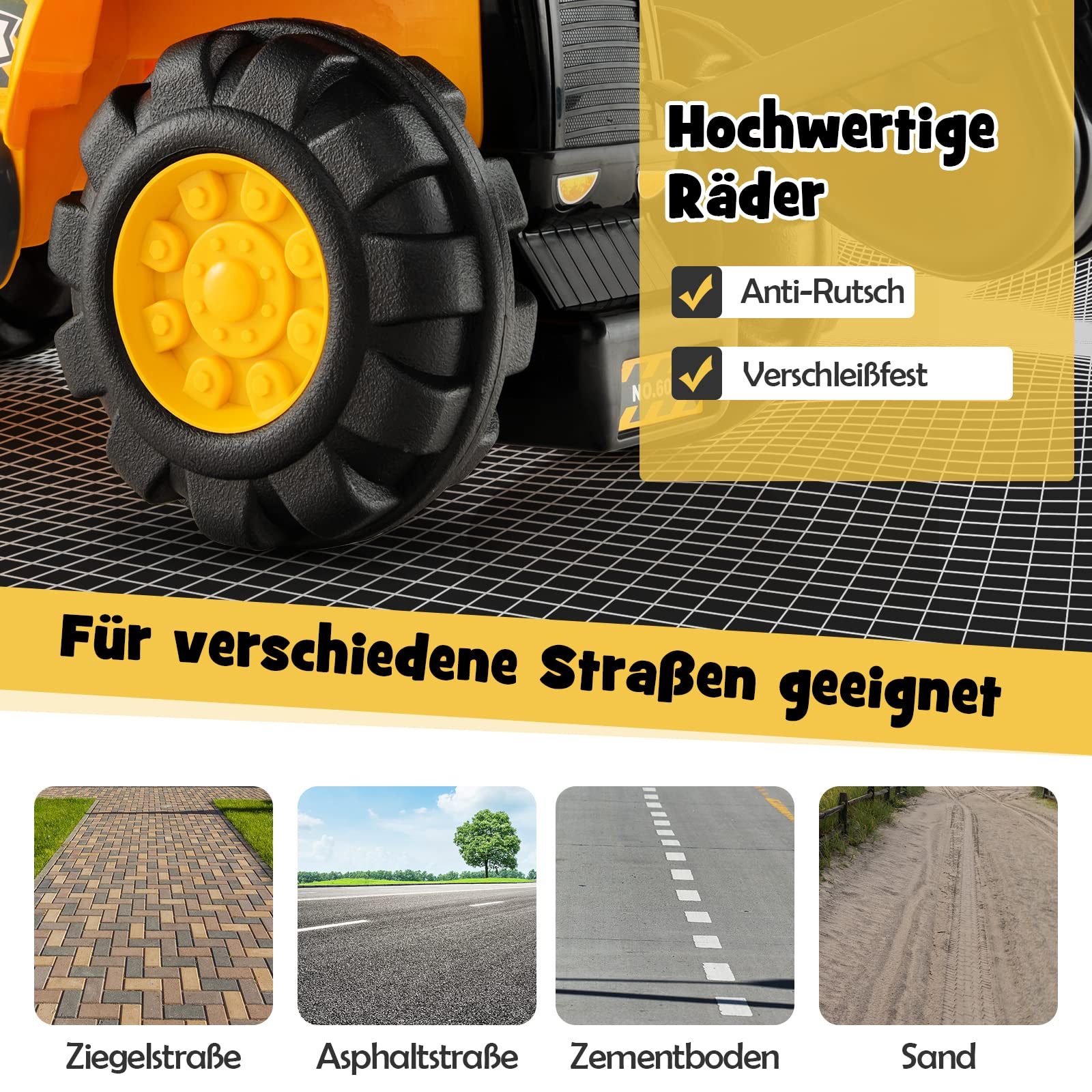 DREAMADE Bagger zum draufsitzen, Sitzbagger mit Schaufel & Helm & 3 Spiel-Steine, Aufsitzbagger mit Hupe & Stauraum, Sandbagger Rutscher Rutscherfahrzeug für Kinder ab 3 Jahren